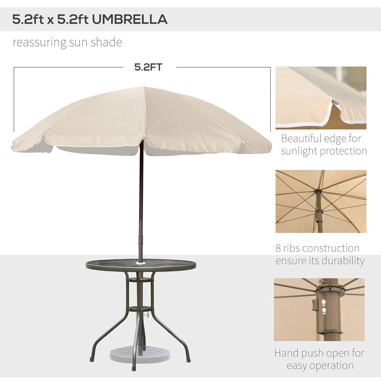 Outsunny 6 Piece Patio Dining Set for 4 with Umbrella, 4 Folding Dining Chairs & Round Glass Table for Garden, Backyard, and Poolside, Beige