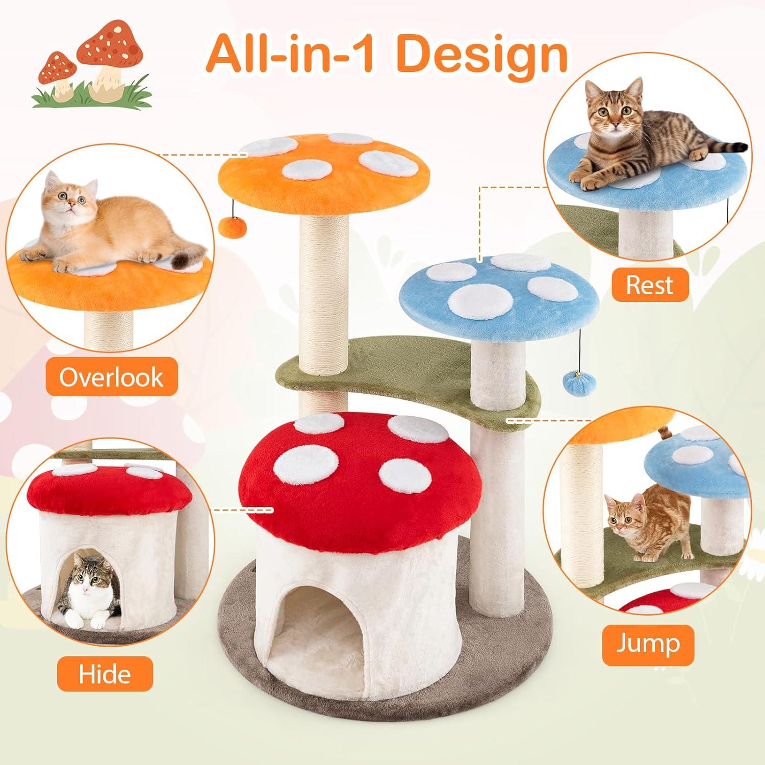 Tangkula Cute Mushroom Cat Tree 35" Tall Cat Tower w/ Sisal Scratching Posts Cat Condo
