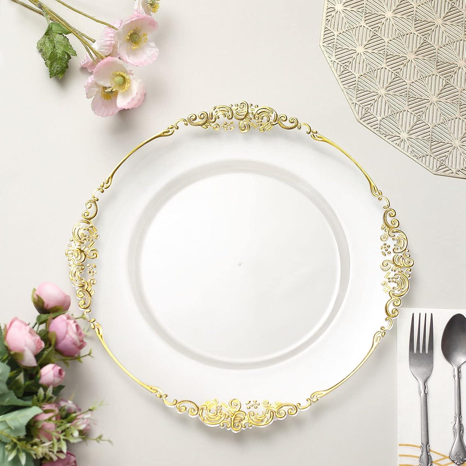 Efavormart 6 Pack Clear Gold 13" Round Baroque Charger Plates Leaf Embossed Rim for Tabletop Decor Catering Event Decoration