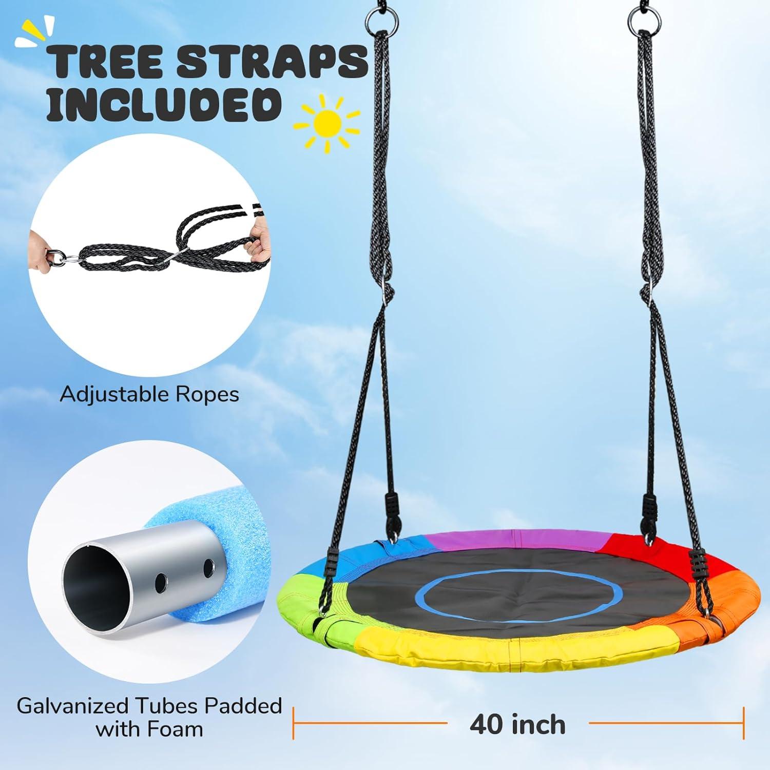 KloKick Saucer Tree Swing 700lb 40in for Kids Adults Waterproof Sets with 2pcs Tree Hanging Straps, Heavy-Duty Steel Frame & Adjustable Ropes, Rainbow