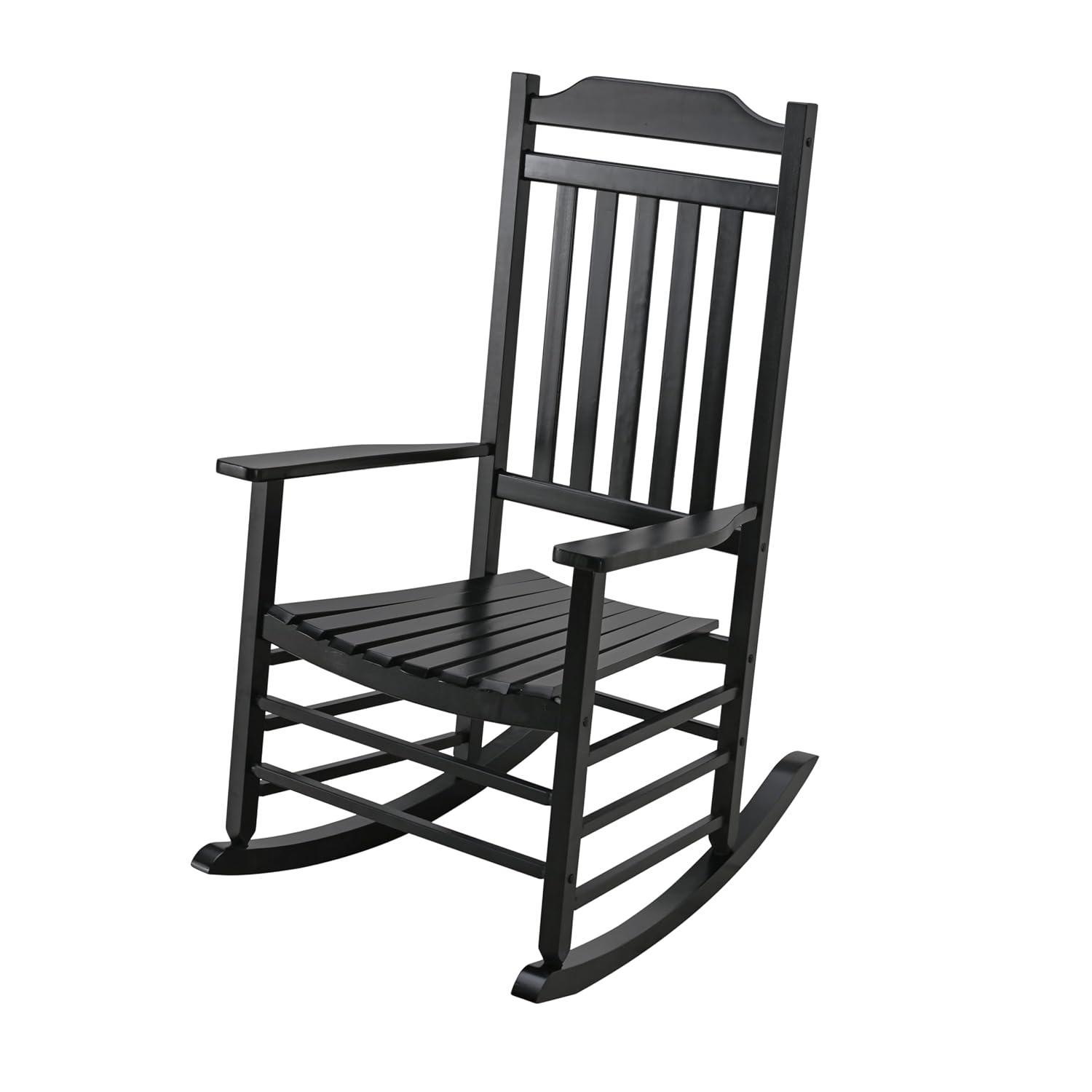 Costway Outdoor Wooden Rocking Chair with Solid Rocking Base Slatted Seat & Back Patio Black