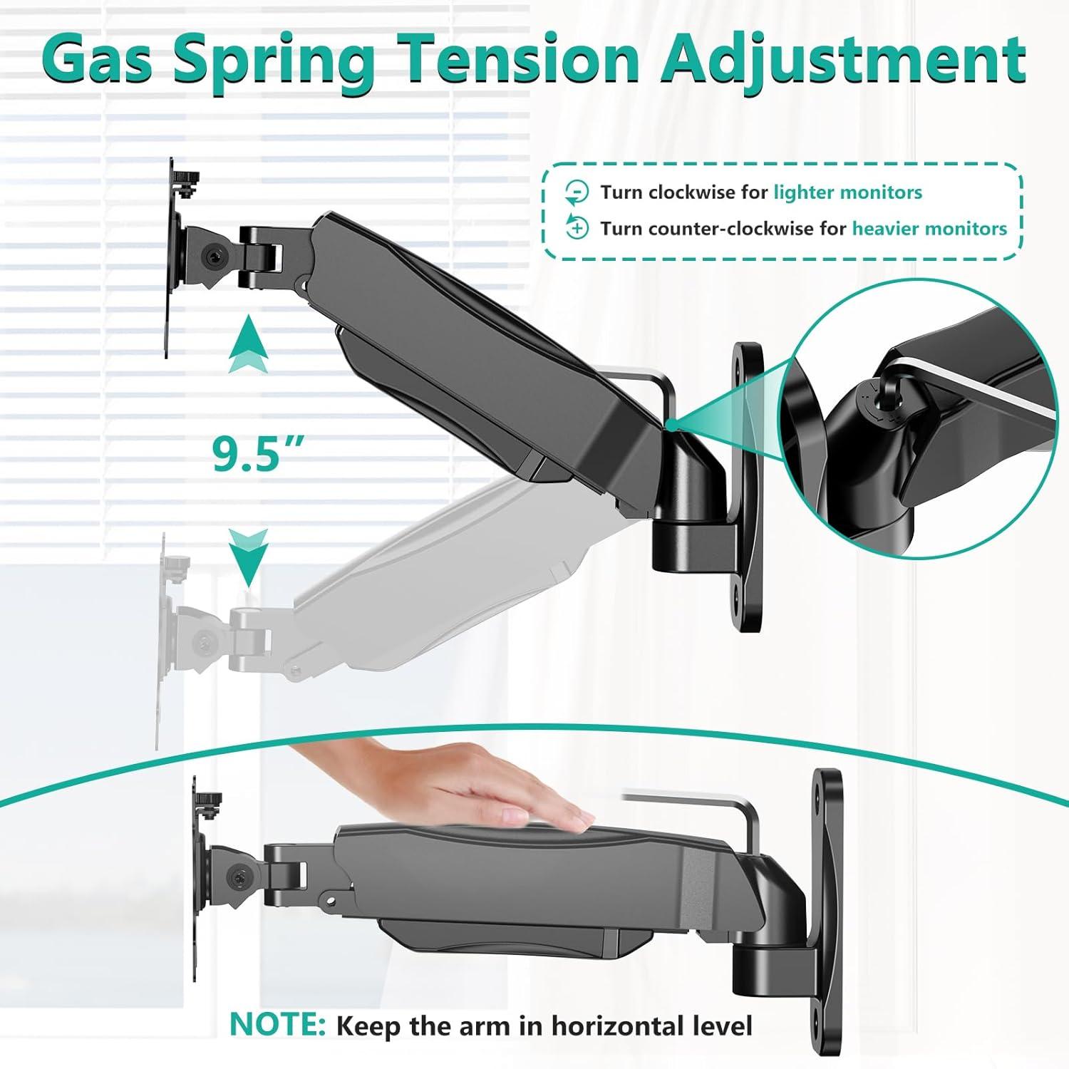 WALI Monitor Wall Mount, Computer Wall Mount Monitor Arm Fits 1 Screen up to 32 inch, Single Monitor Mount Holds up to 19.8lbs, Gas Spring Monitor Arm Max Extension 13.4 inch,(GSWM001S), Black