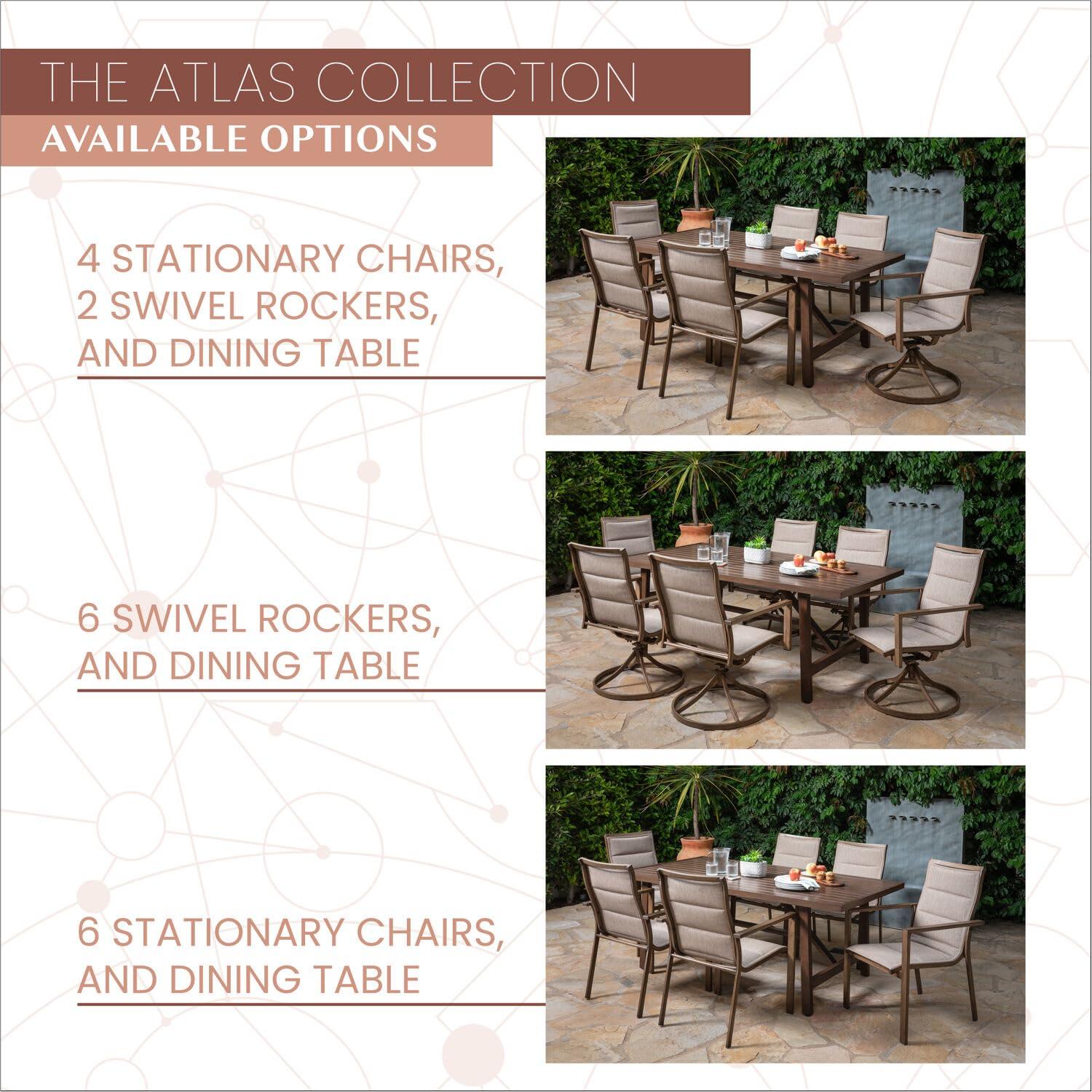 Mod Furniture Atlas 7-Piece Modern Outdoor Dining Set with 6 Swivel Padded Sling Chairs and Trestle Style Table, ATLASDN7PCSW6-TAN