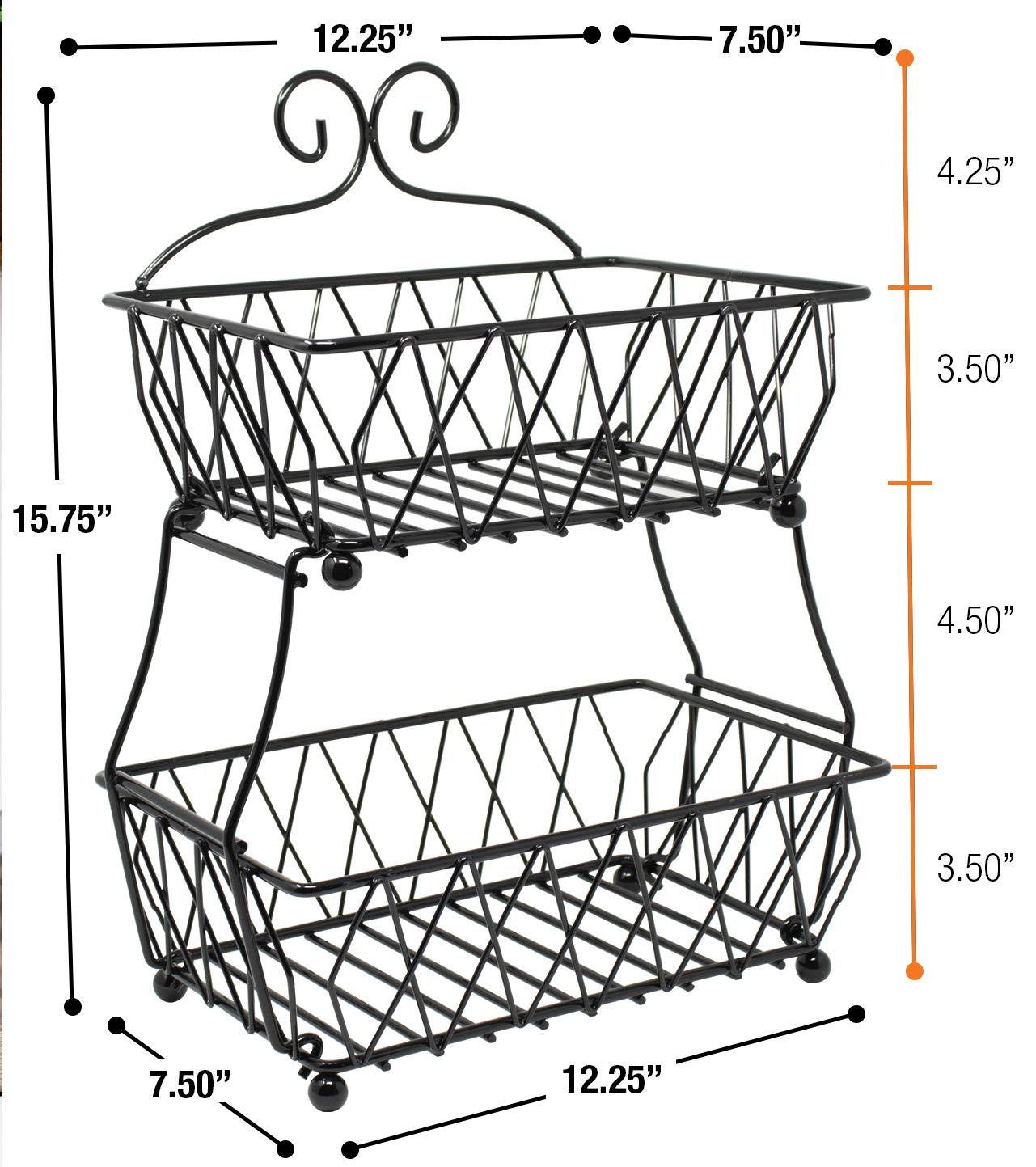 2-Tier Fruit Bread Basket Display Stand, Counter Storage for Kitchen, Bathroom, Rectangular Antique Metal