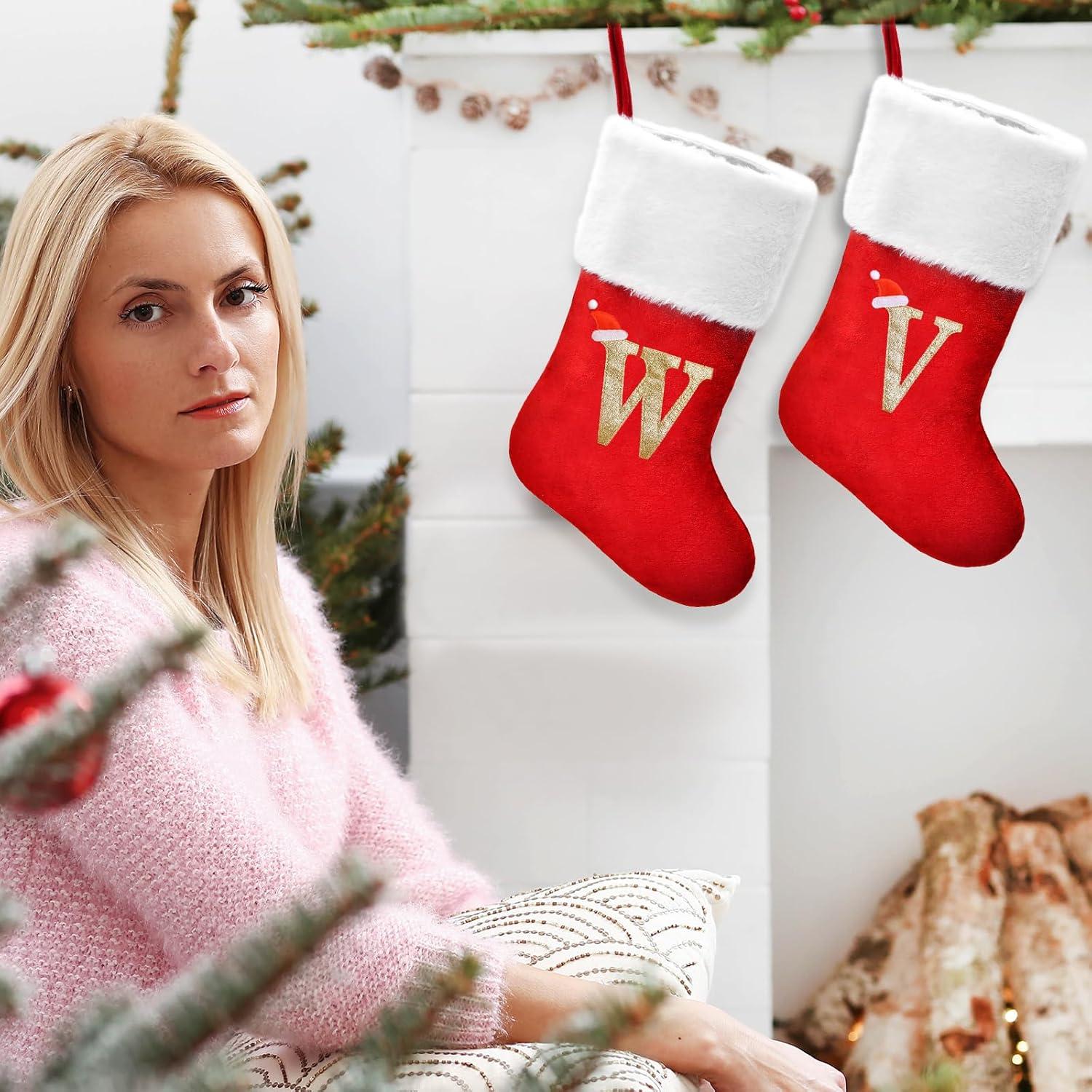 20 Inches Monogrammed Christmas Stockings,Letter F Personalized Christmas Stockings Red Stocking for Christmas Plush Cuffs Initial Christmas Stockings Holiday Xmas Gift