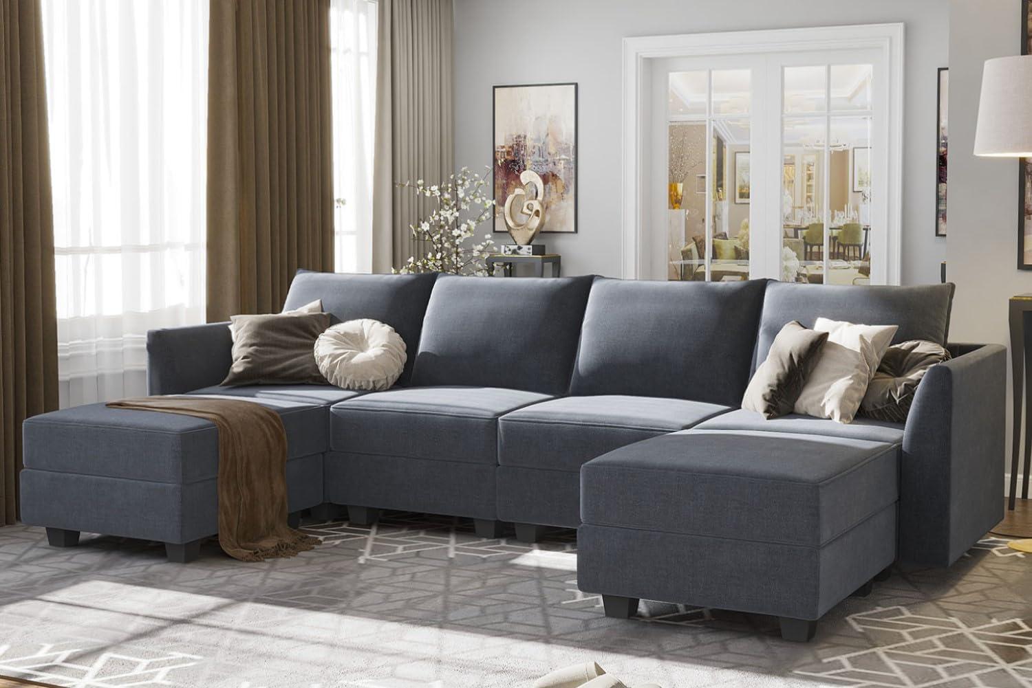 HONBAY Modular Sectional Sofa with Reversible Chaises Sofa with Ottomans U Shaped Sectional Couch for Living Room, Bluish Grey