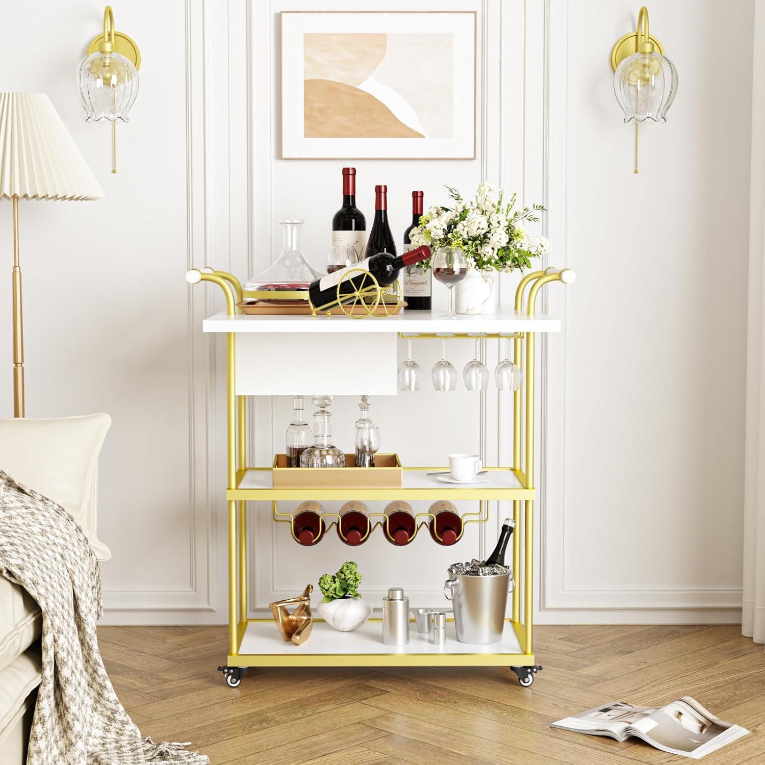 Gold and White 3-Tier Metal Bar Cart with Wine Rack