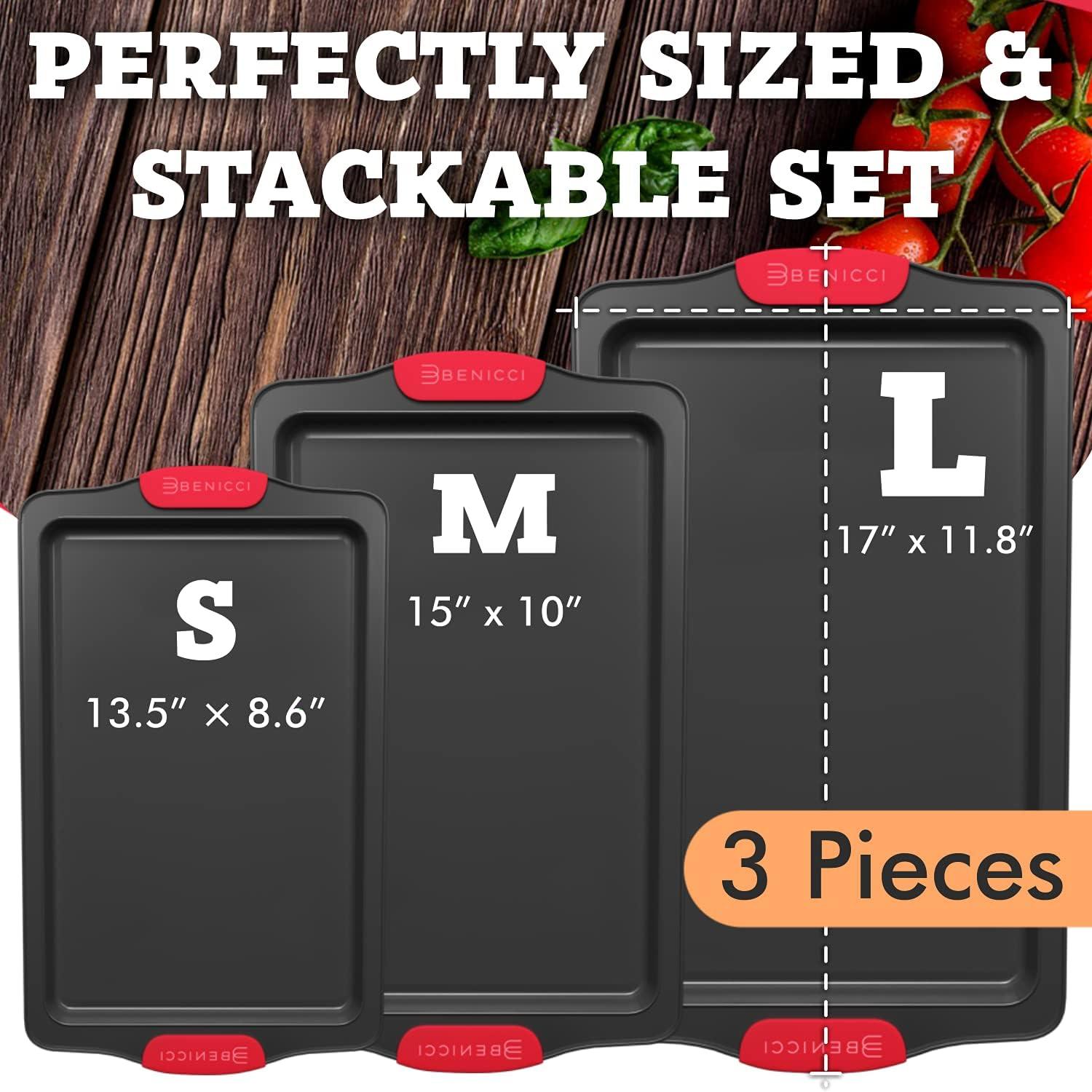 Set of 3 Black Non-Stick Carbon Steel Cookie Sheets with Red Silicone Handles