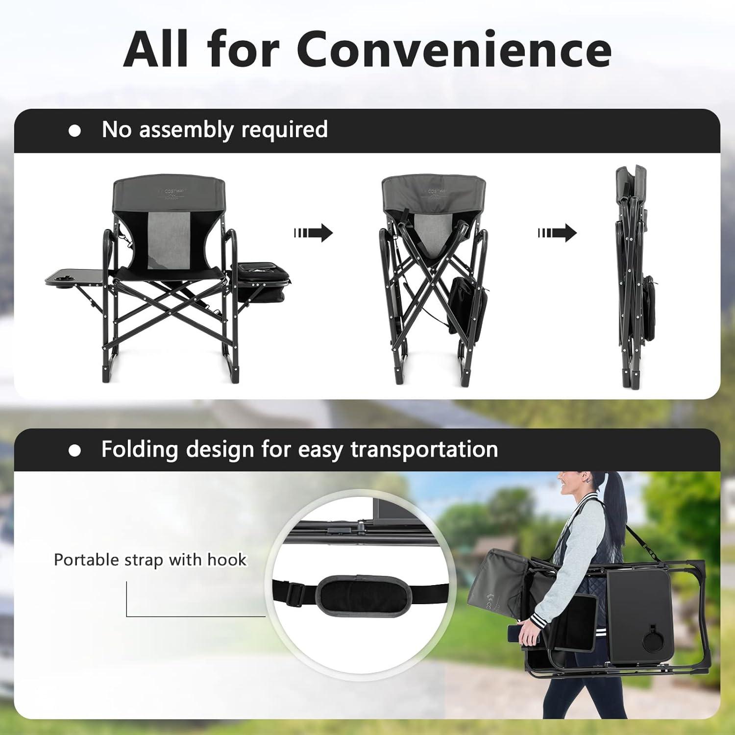 Topcobe Folding Camping Directors Chair with Cooler Bag and Side Table, Portable Chairs for Adults, Comfy Outdoor Chair, Black