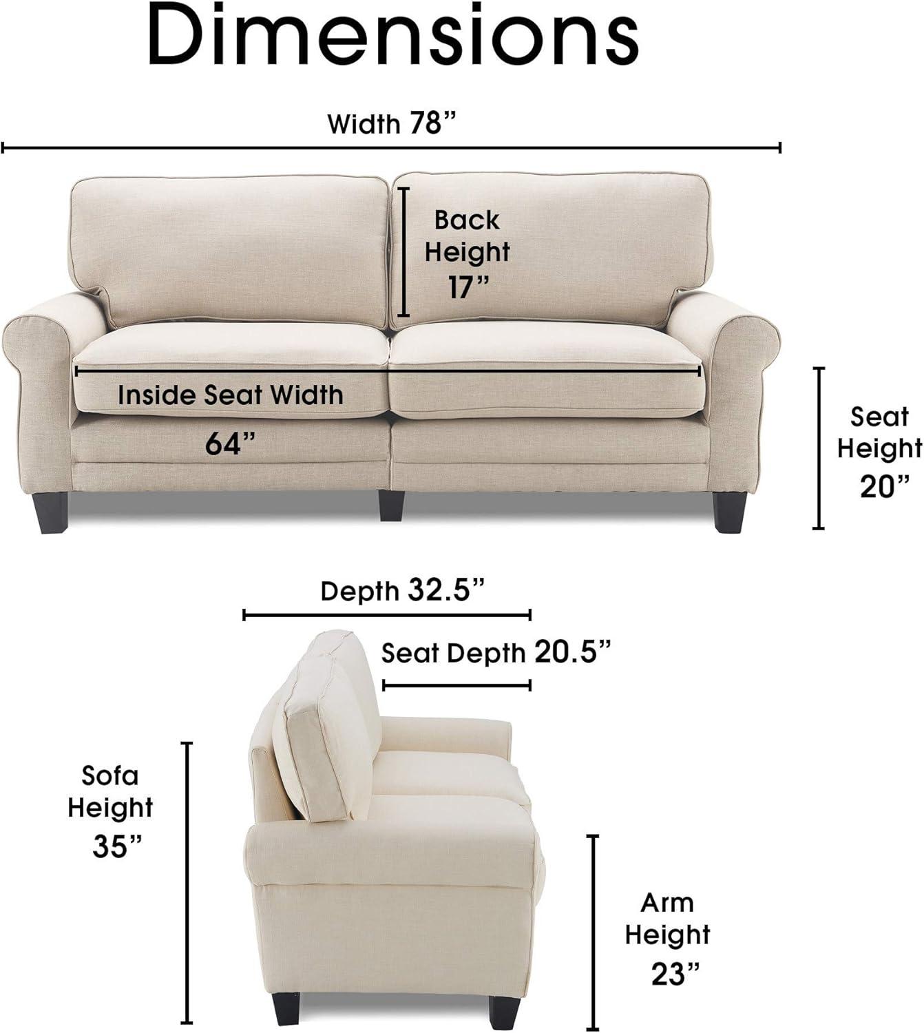 Serta Copenhagen 78" Sofa Couch for Two People with Pillowed Back Cushions and Rounded Arms