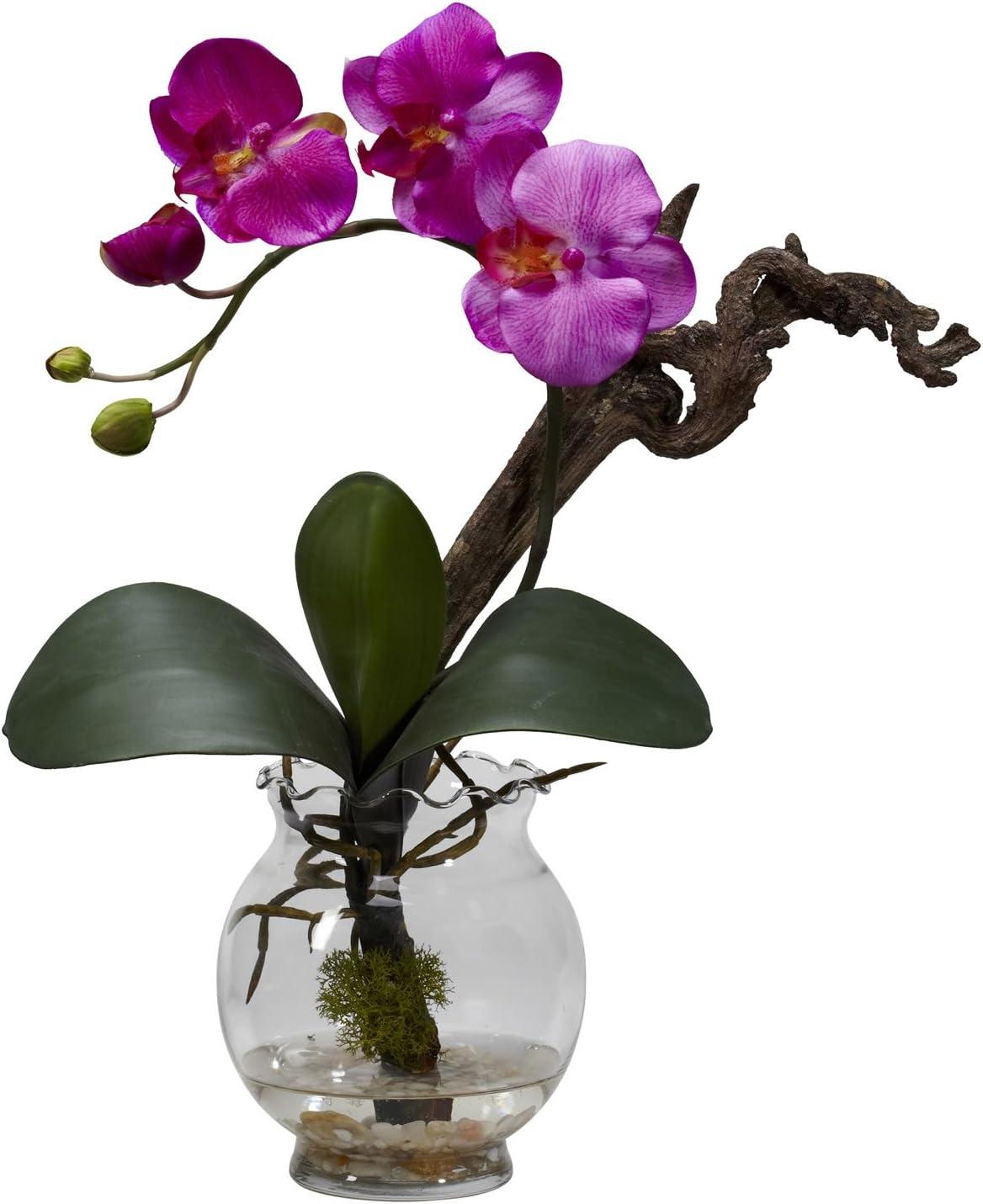 Nearly Natural Mini Phalaenopsis with Fluted Vase Silk Flower Arrangement, Purple