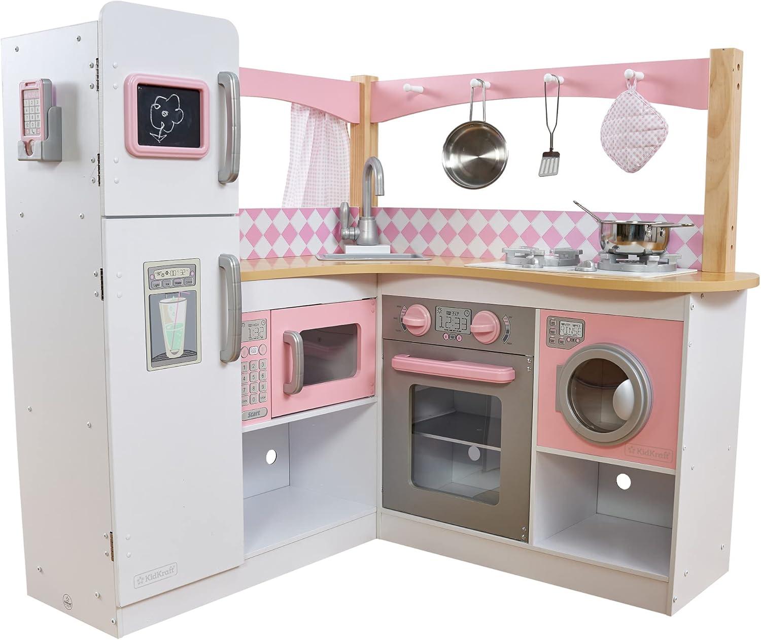 Pink and White Wooden Corner Play Kitchen Set with Accessories