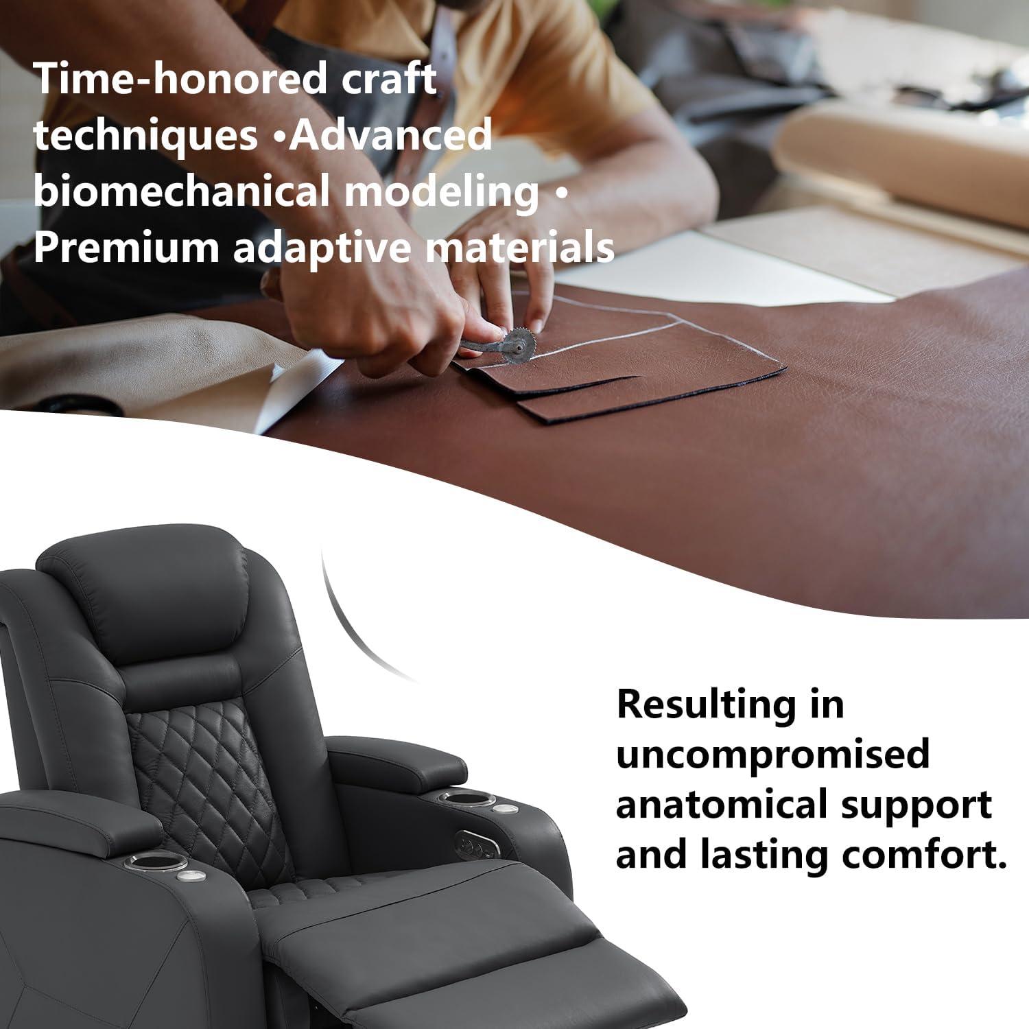 Top Grain Leather Home Theater Seating Power Headrest & Memory Function, 7-Color Ambient Lighting, USB/Type-C Charging, Easy Assembly Electric Recliner Chair (Row of 3)