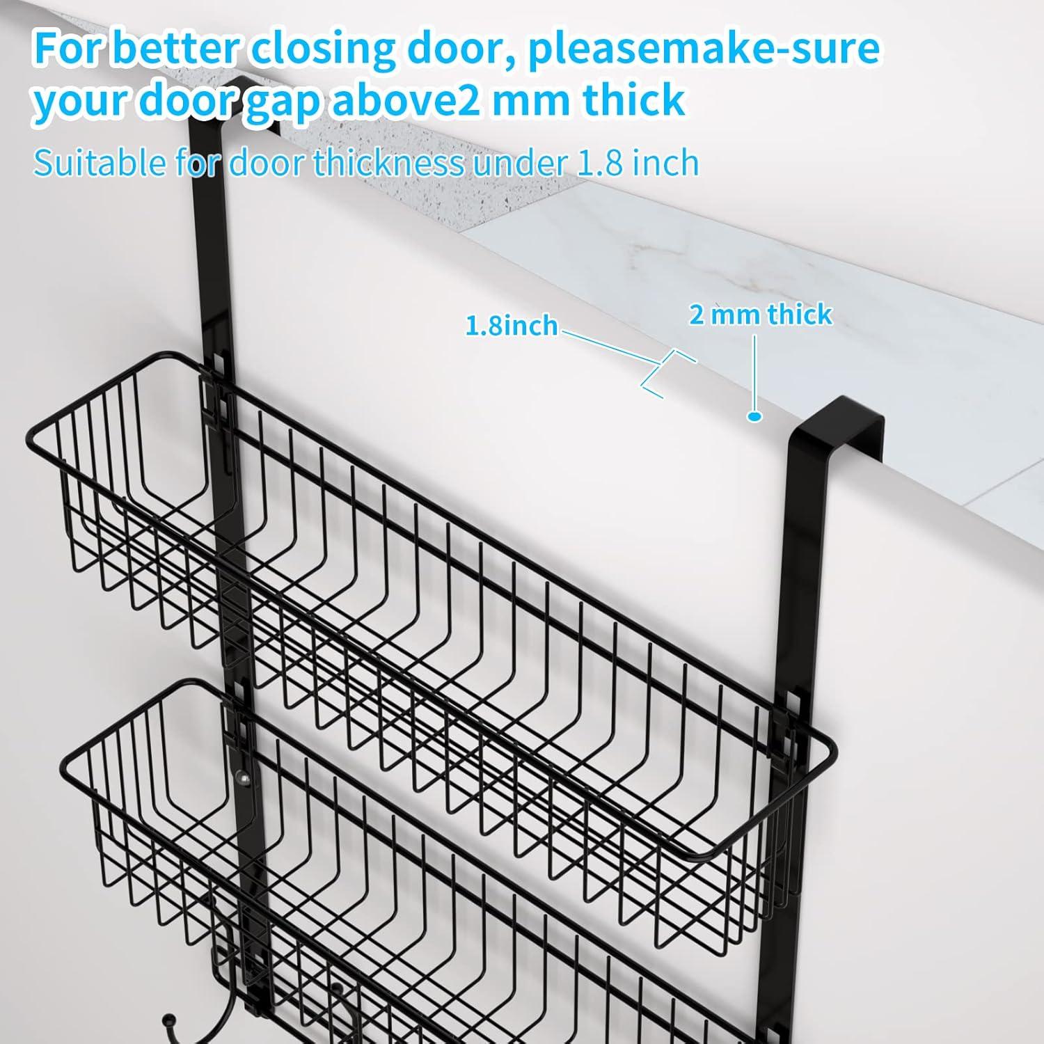 Over The Door Hooks, Door Hanger Towel Rack with 5 Coat Hooks & 2 Mesh Basket, Over Door Organizer for Bathroom, Bedroom, Kitchen, Office, Easy Installation, Black