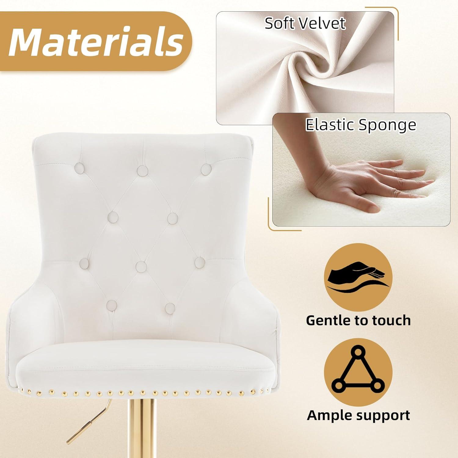 Bar Stools Set of 2, Swivel Barstools with Nailheads Trim, Velvet Button Tufted Back and Golden Footrest, Adjustable Counter Height Bar Stools for Kitchen Counter,Home Bar,Pub, Beige