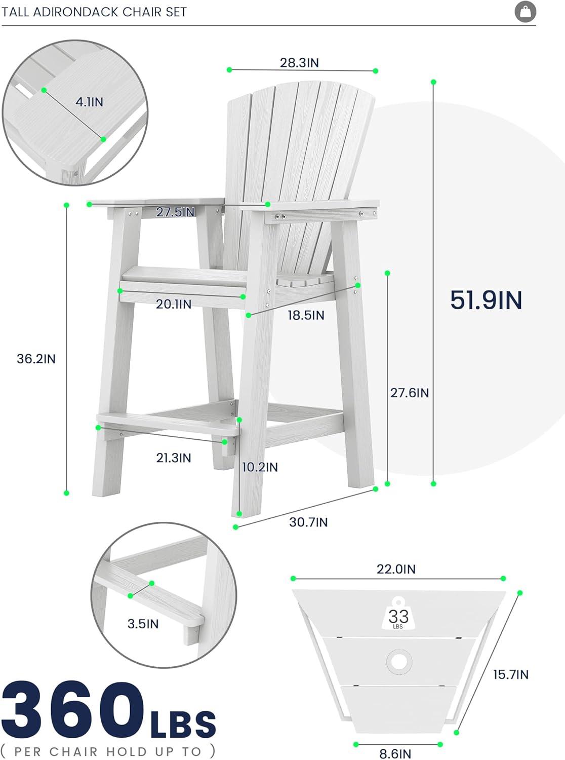 JUSTLET Tall Plastic Adirondack Chair Set of 2 W/ Outdoor Barstools and Connecting Tray, Brown