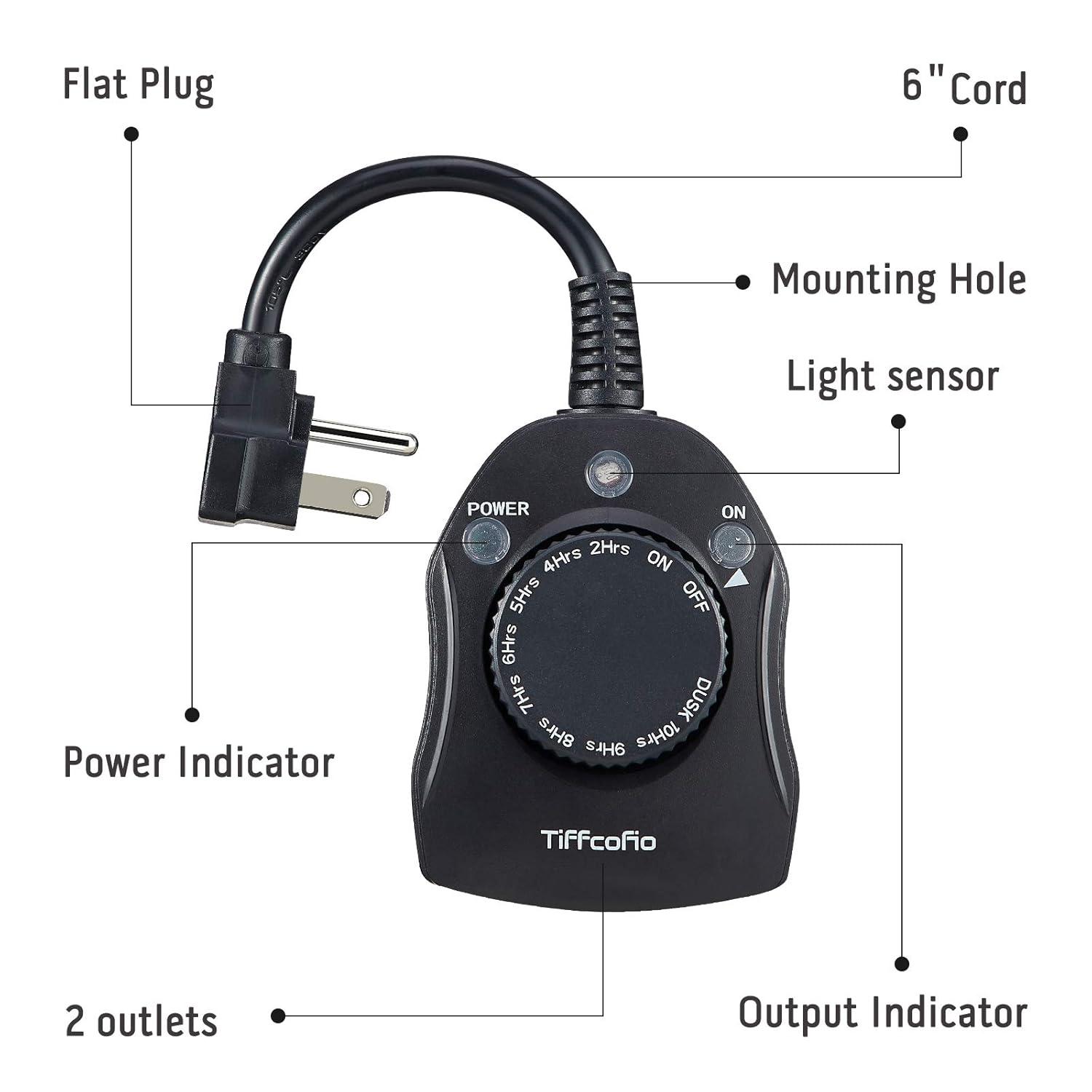 Outdoor Timer Outlet, Dusk to Dawn Light Sensor Timer, Outdoor Light Timer for Electrical Outlets Weatherproof, 2 Grounded Outlets for Christmas Lights, 15A 1/2HP, CSA Listed (1 Pack)