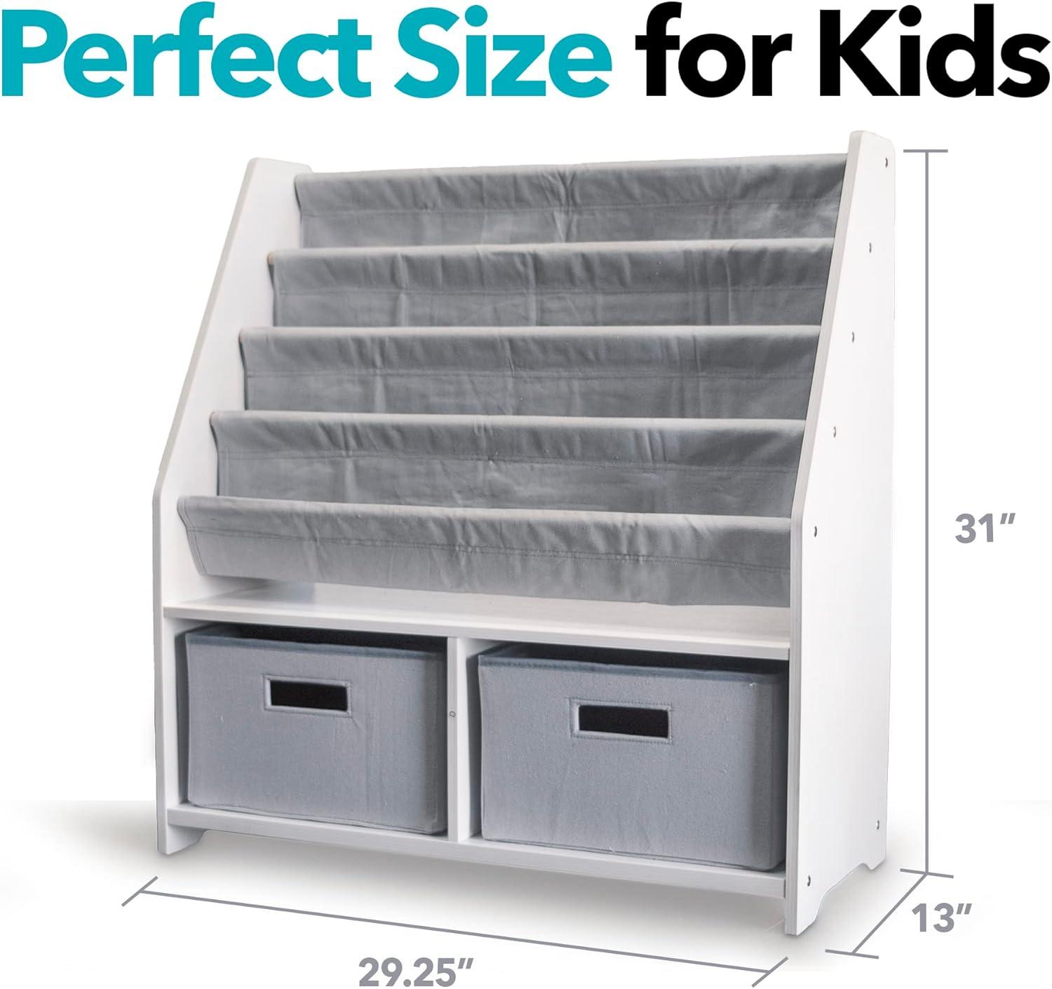 WonkaWoo Kids Sling Bookshelf Wooden Book Rack, Canvas Slings and 2 Storage Toys Organizer, White Bookshelf with Grey Slings
