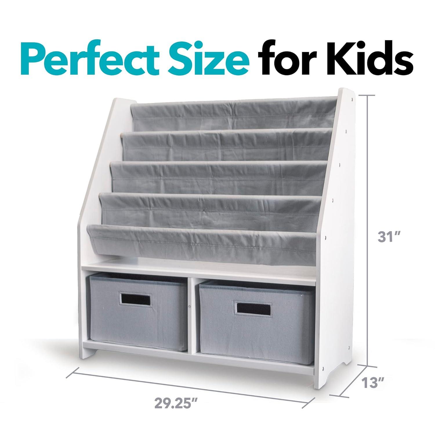WonkaWoo Kids Sling Bookshelf Wooden Book Rack, Canvas Slings and 2 Storage Toys Organizer, White Bookshelf with Grey Slings