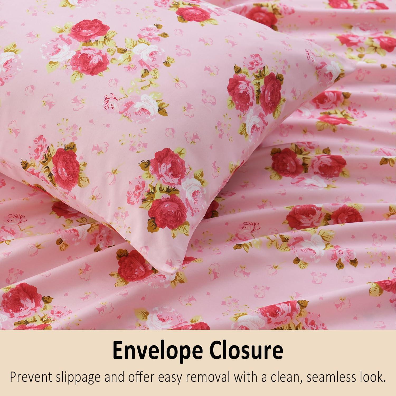 MEISHANG Twin Sheet Set - Floral Sheets Deep Pocket Ultra Soft Brushed Microfiber with Up to 16" Mattresses - Wrinkle Free - 3 Pieces(Twin,Rose Flower)