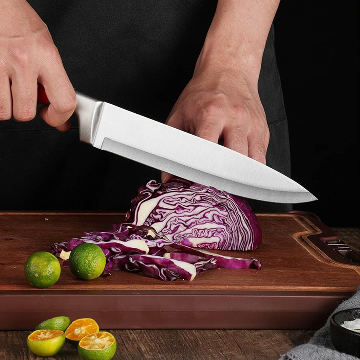 Kitchen Knife Set, 9-Pieces Red Coated Knife Block Set, Stainless Steel Chef knife Set with Sharpener Peeler Scissors, Sharp Non-Stick Knives Set with Rotatable Holder for Cutting Slicing Dicing