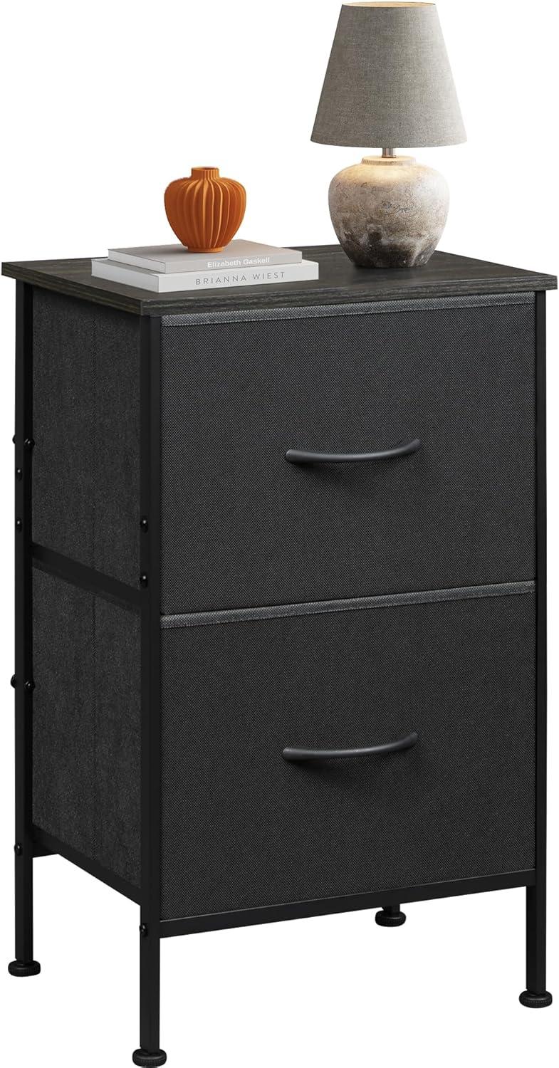 WLIVE Nightstand, Nightstand with 2 Drawers, Bedside Furniture, Night Stand, Small Dresser for Bedroom, College Dorm, End Table with Fabric Bins, Dormitory, Charcoal Black Wood Grain Print, Size L