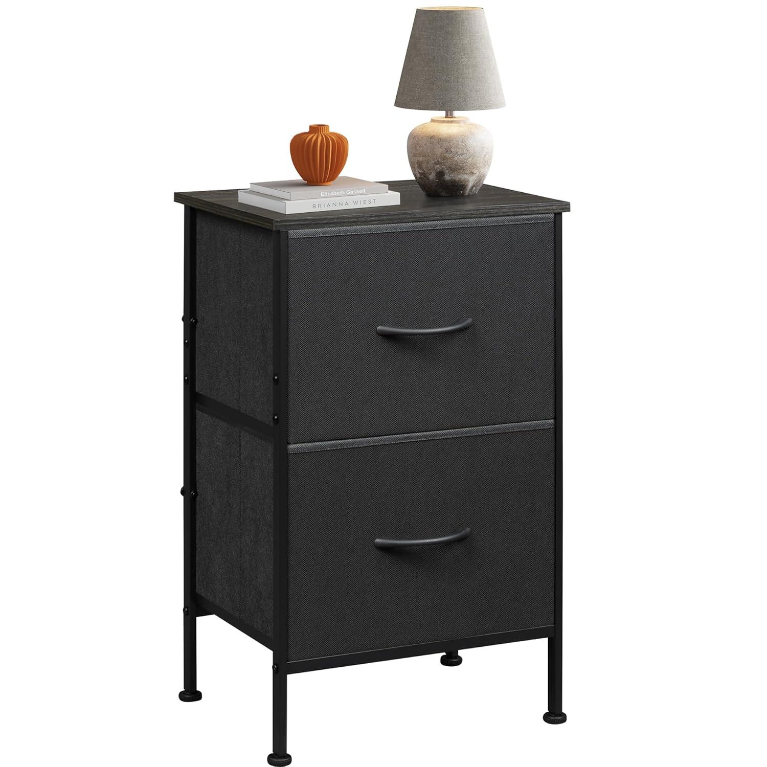 WLIVE Black Nightstand, Small Dresser for Bedroom with 2 Fabric Drawer, Bed Side Table with Drawers, End Table Bedside Furniture, Sturdy Steel Frame, Wood Top, Closet Organizer, College Dorm