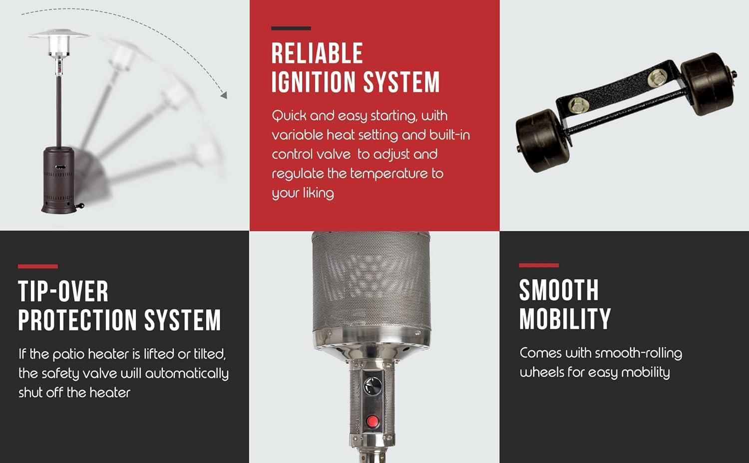 Fire Sense 01775 Performance Series Patio Heater With Wheels 50,000 BTU Output Electronic Ignition System Portable Outdoor Propane Heater - Unpainted Stainless Steel