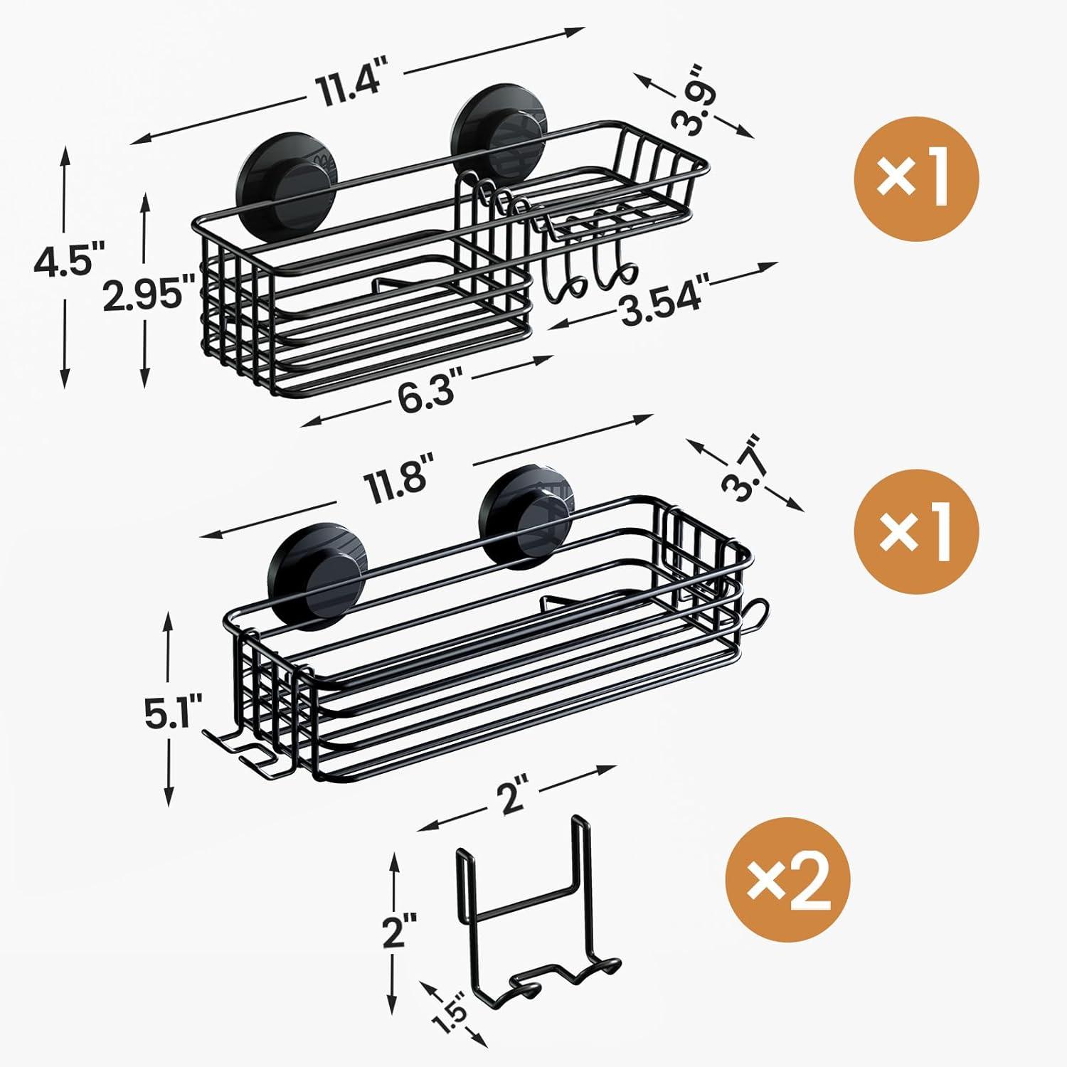 Black Metal Suction Mount Shower Caddy with Hooks