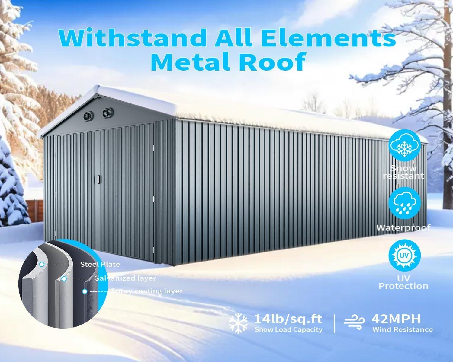 20 x 10 FT Outdoor Storage Shed, Large Metal Garden Shed with 2 Lockable Doors, Tool Shed Outdoor Storage with 4 Air Vents, Garage Shed Waterproof for Car, Truck, Bike, Garbage Can, Tool, Dark Gray