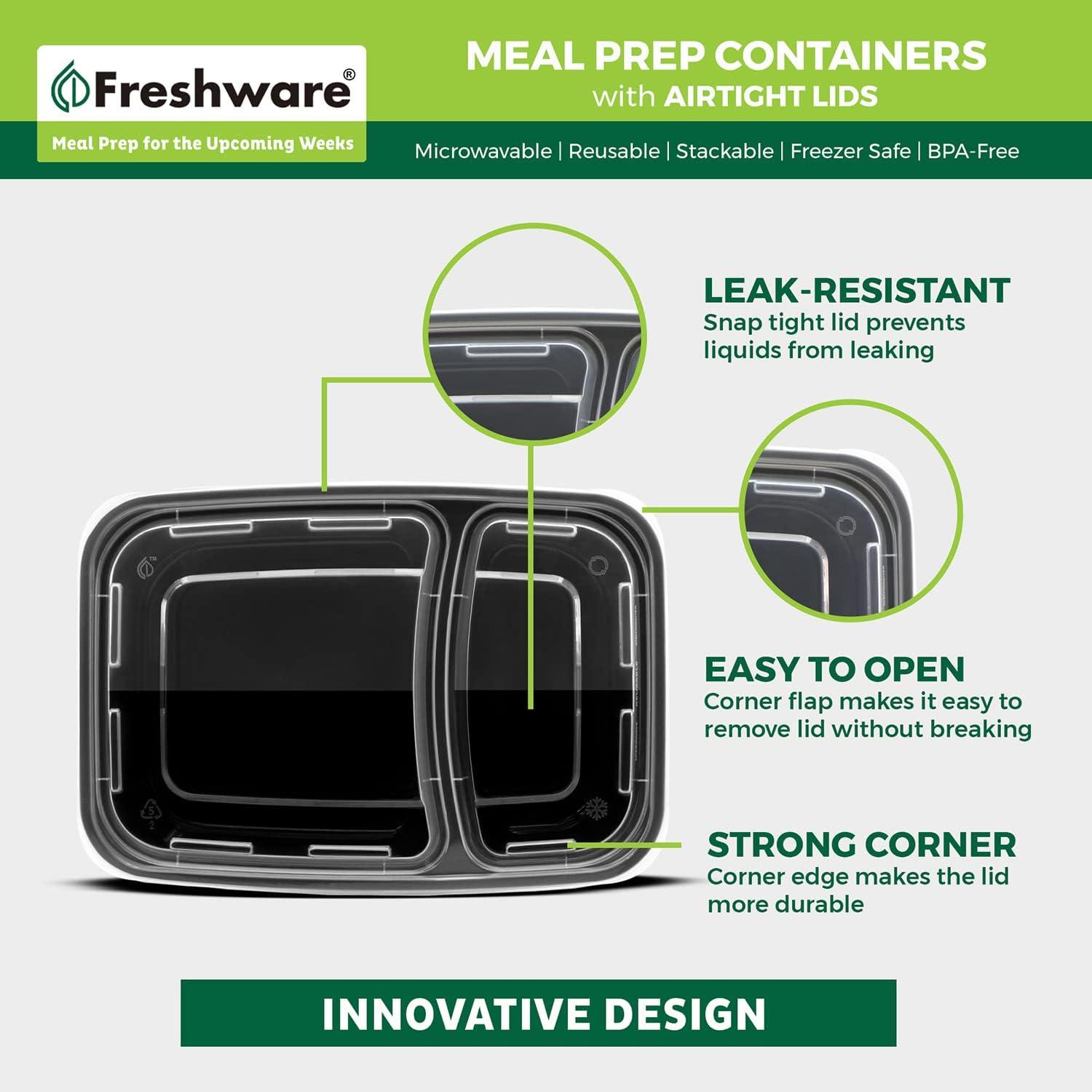 Black BPA-Free Plastic Meal Prep Containers with Divided Storage, 28 oz, Set of 15