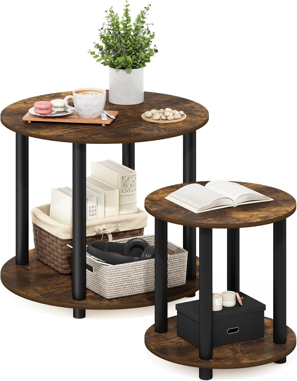 Furinno Turn-N-Tube 2-Tier Round Wooden End Table, Amber Pine