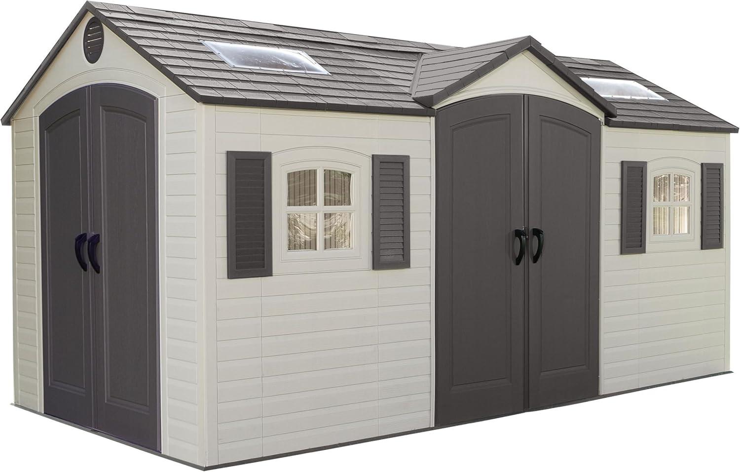 Beige Dual Entry 15' x 8' Outdoor Storage Shed with Windows