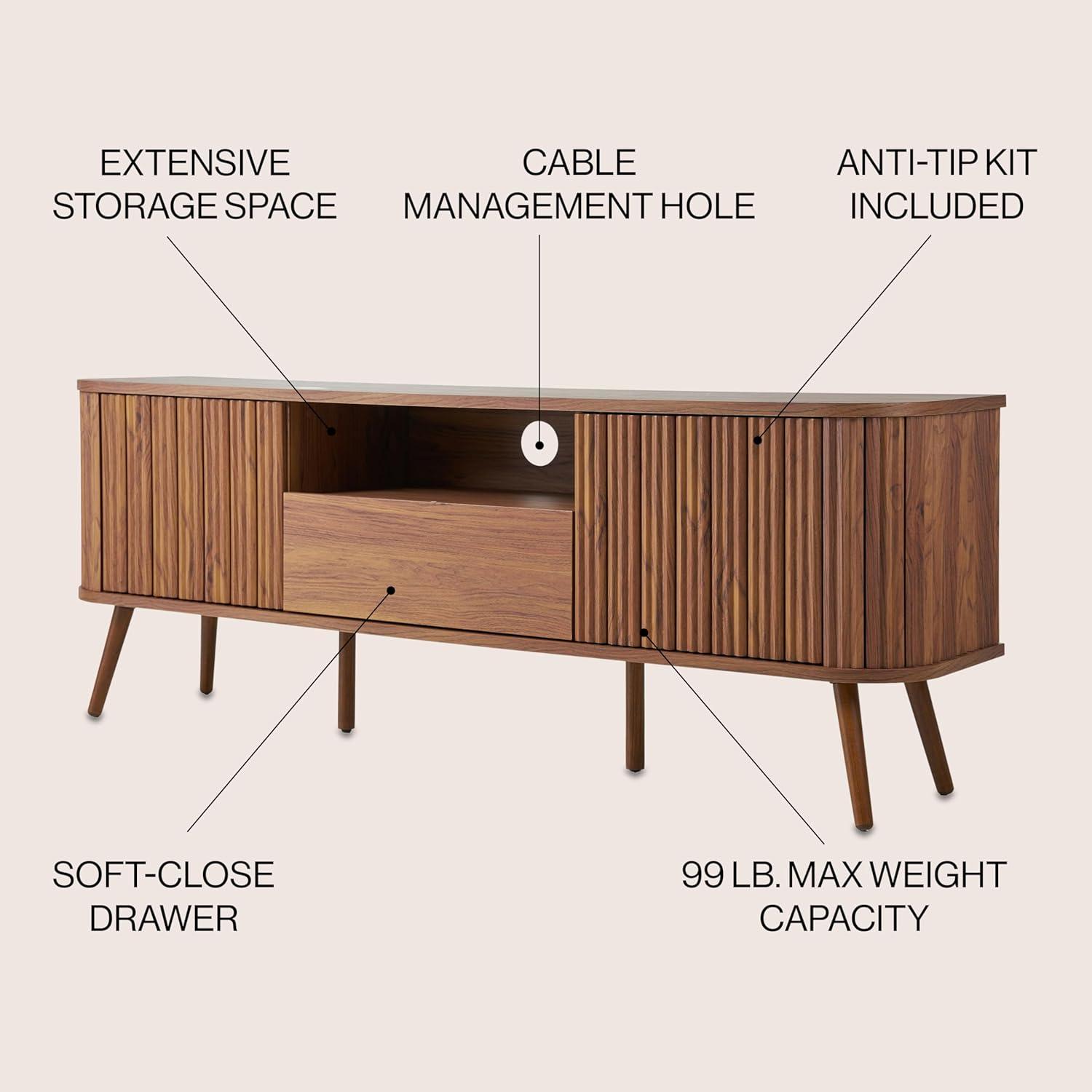 JONATHAN Y TVS1001A Damien 70 in. Farmhouse Curved TV Stand with Drawer and Storage Doors Fits TVs up to 75 in. with Cable Management