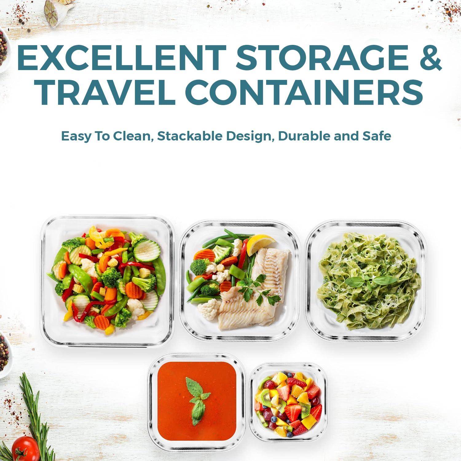 Razab 10-Piece Glass Food Storage Containers with Airtight Lids – Leakproof, BPA-Free, Oven, Microwave, Freezer & Dishwasher Safe Meal Prep Containers for Kitchen & Pantry Organization