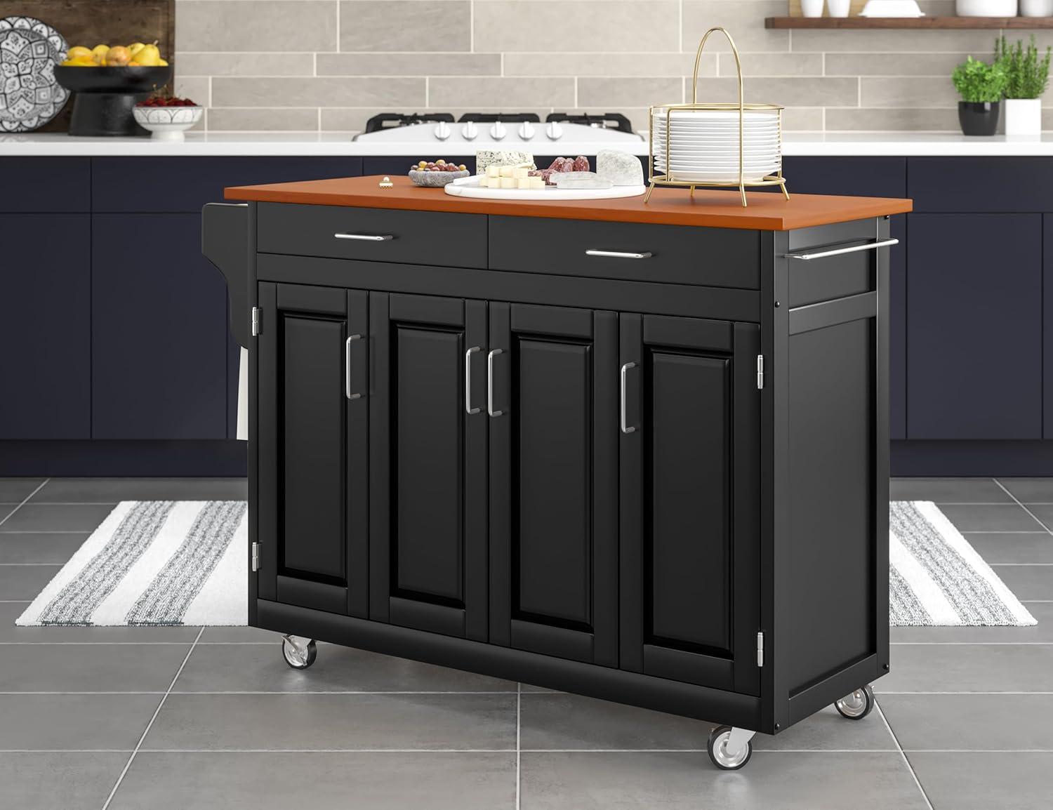 Black Wood Kitchen Cart with Oak Top and Storage