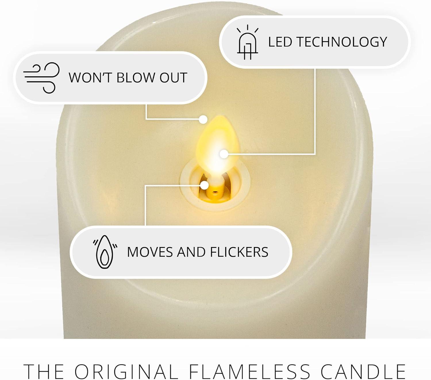 Luminara Realistic Artifical Flame Classic Pillar LED Candle - Moving Flame LED Battery Operated Lights - Unscented - Remote Ready - Ivory - 4" x 9"