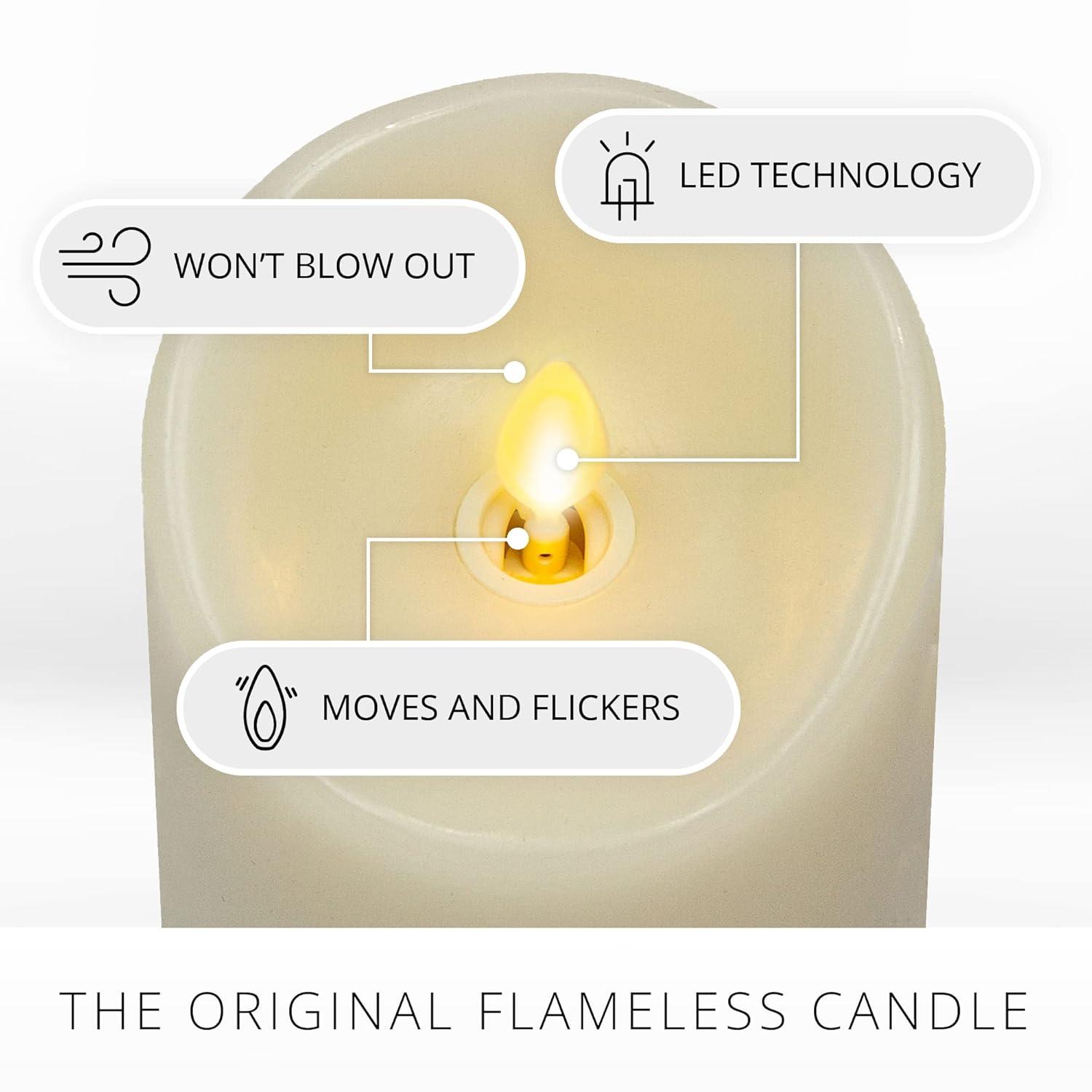 Luminara Realistic Artifical Flame Classic Pillar LED Candle - Moving Flame LED Battery Operated Lights - Unscented - Remote Ready - Ivory - 4" x 9"