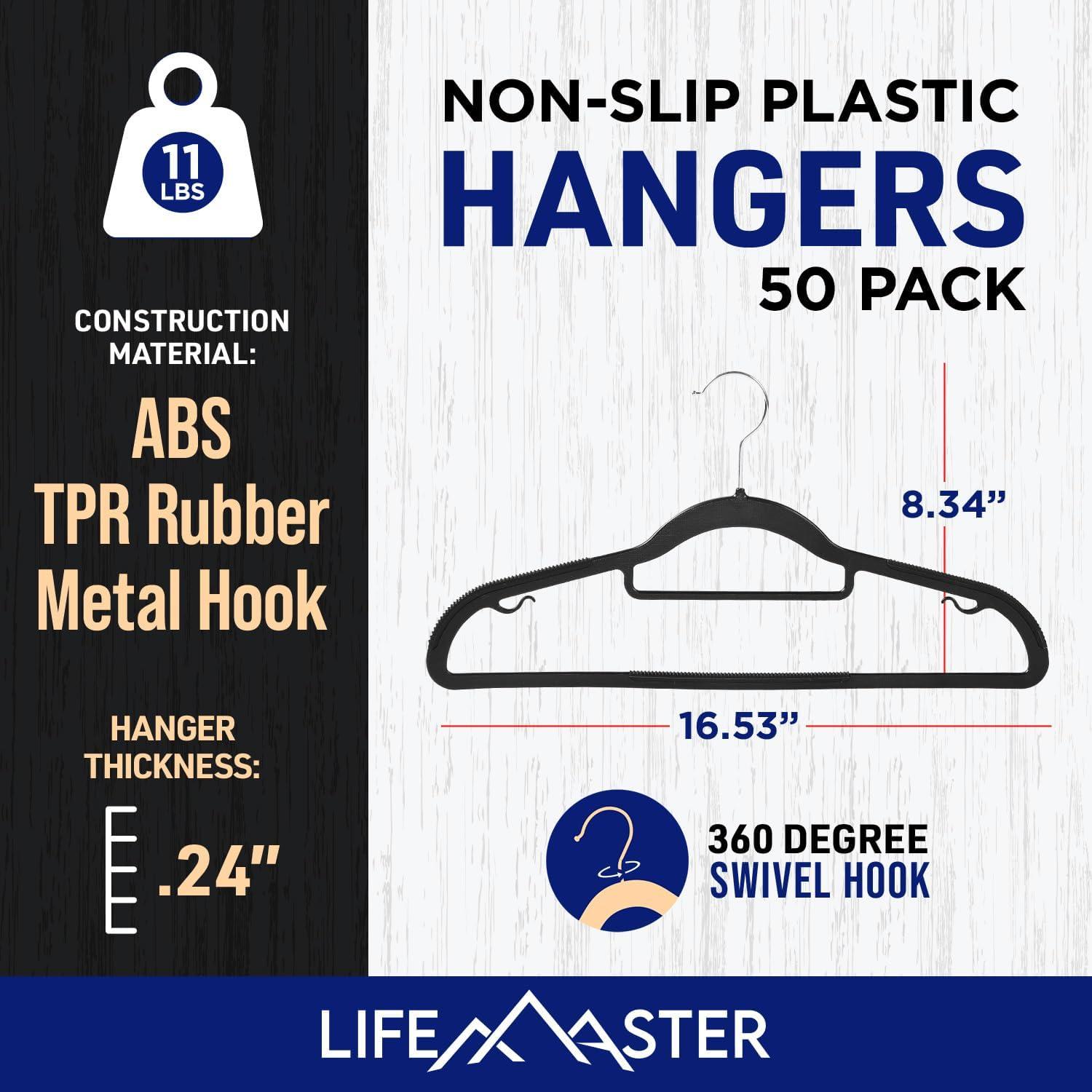 Lifemaster Dry Wet Cloth Hangers with 360° Swivel Hook, Non-Slip, Space-Saving, Sleek Design Black - Pack of 50