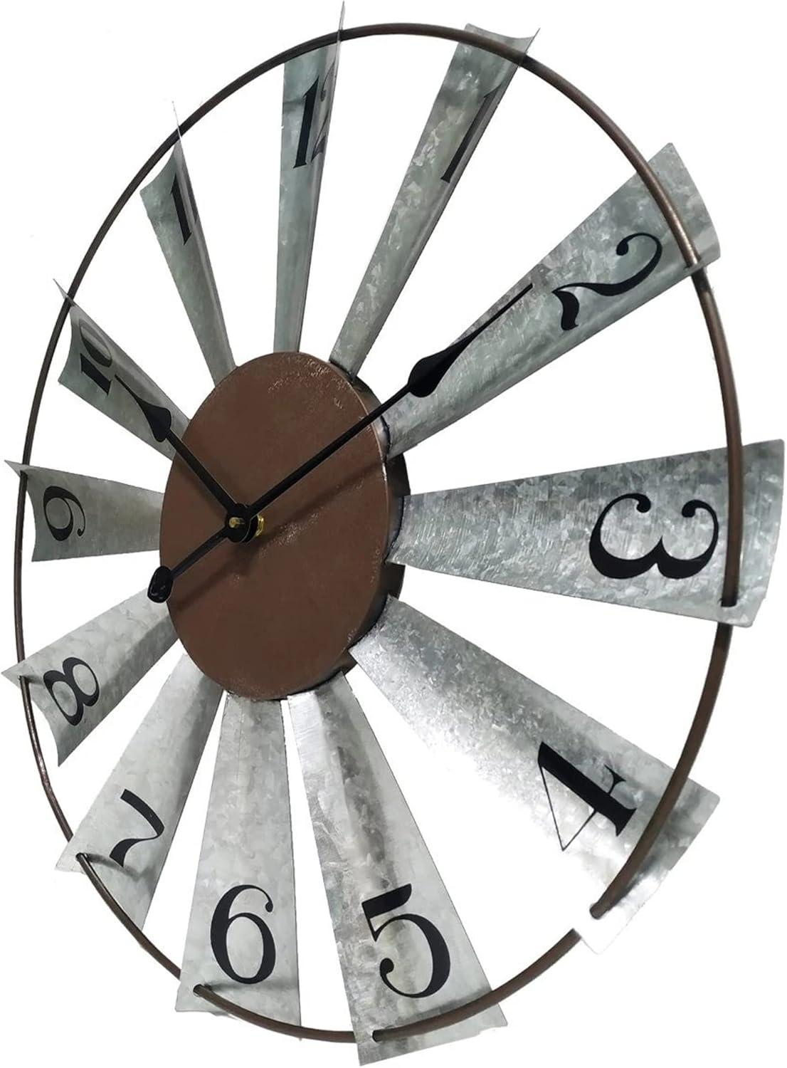 24" Large Farmhouse Decor Wall Clocks Metal Windmill Time Piece Galvanized Silver Analog