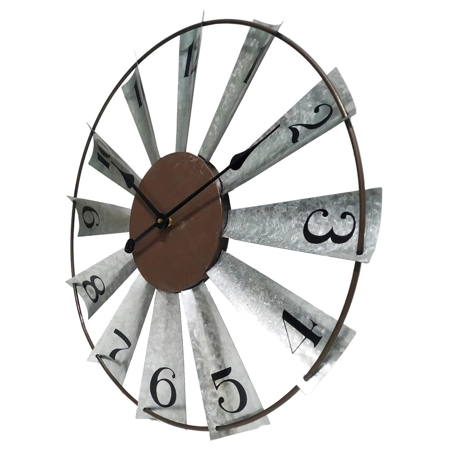 24" Large Farmhouse Decor Wall Clocks Metal Windmill Time Piece Galvanized Silver Analog