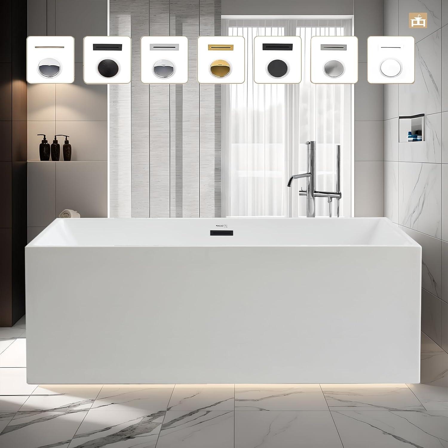 Vanity Art 67" Acrylic Freestanding Soaking Bathtub with Overflow and Pop-up Drain
