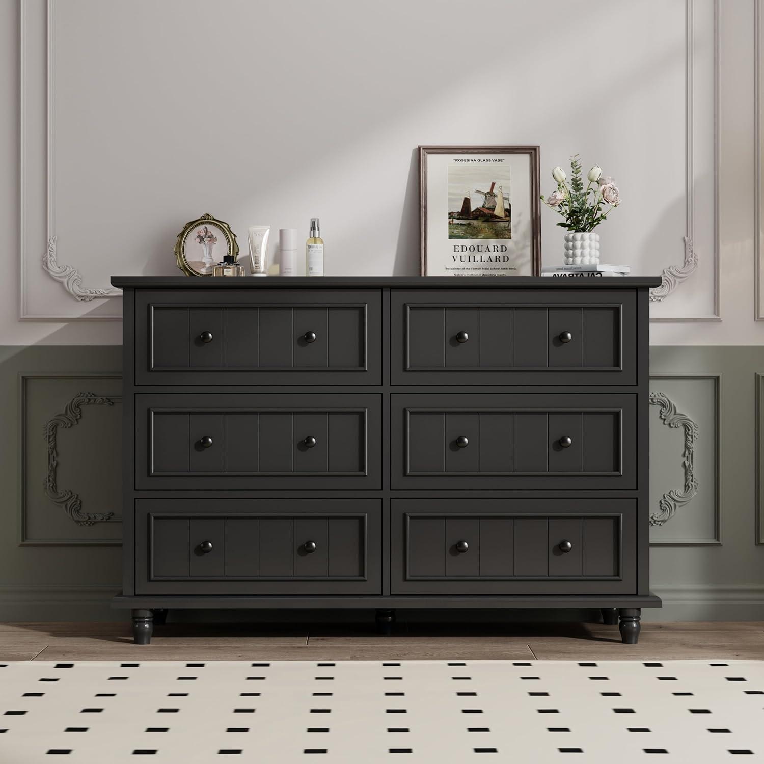 Scurrty 6 Drawer Dresser, Antique Chest of Drawers, Large Cabinet with Storage, Big Dresser for Clothes in Living Room, Bedroom (Black)