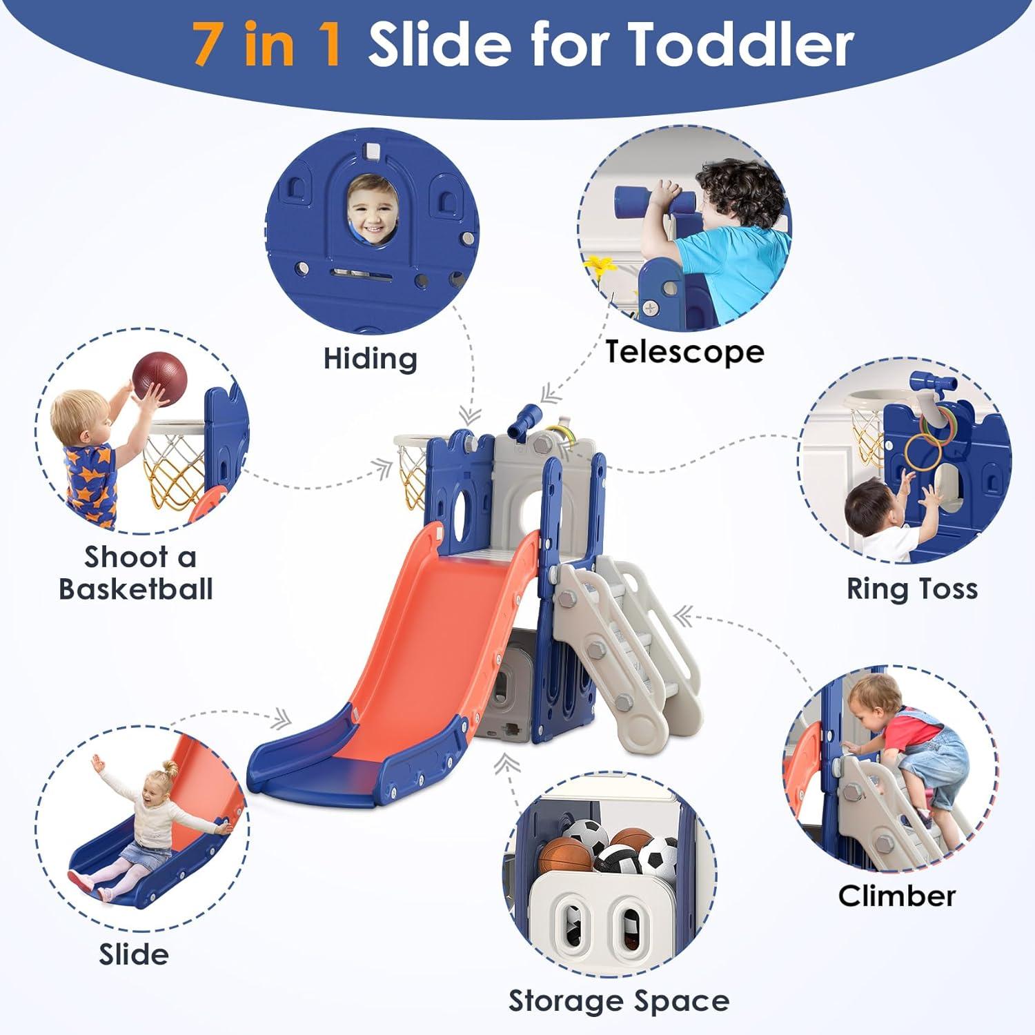 L-Shaped Blue and Orange Toddler Slide with Basketball Hoop