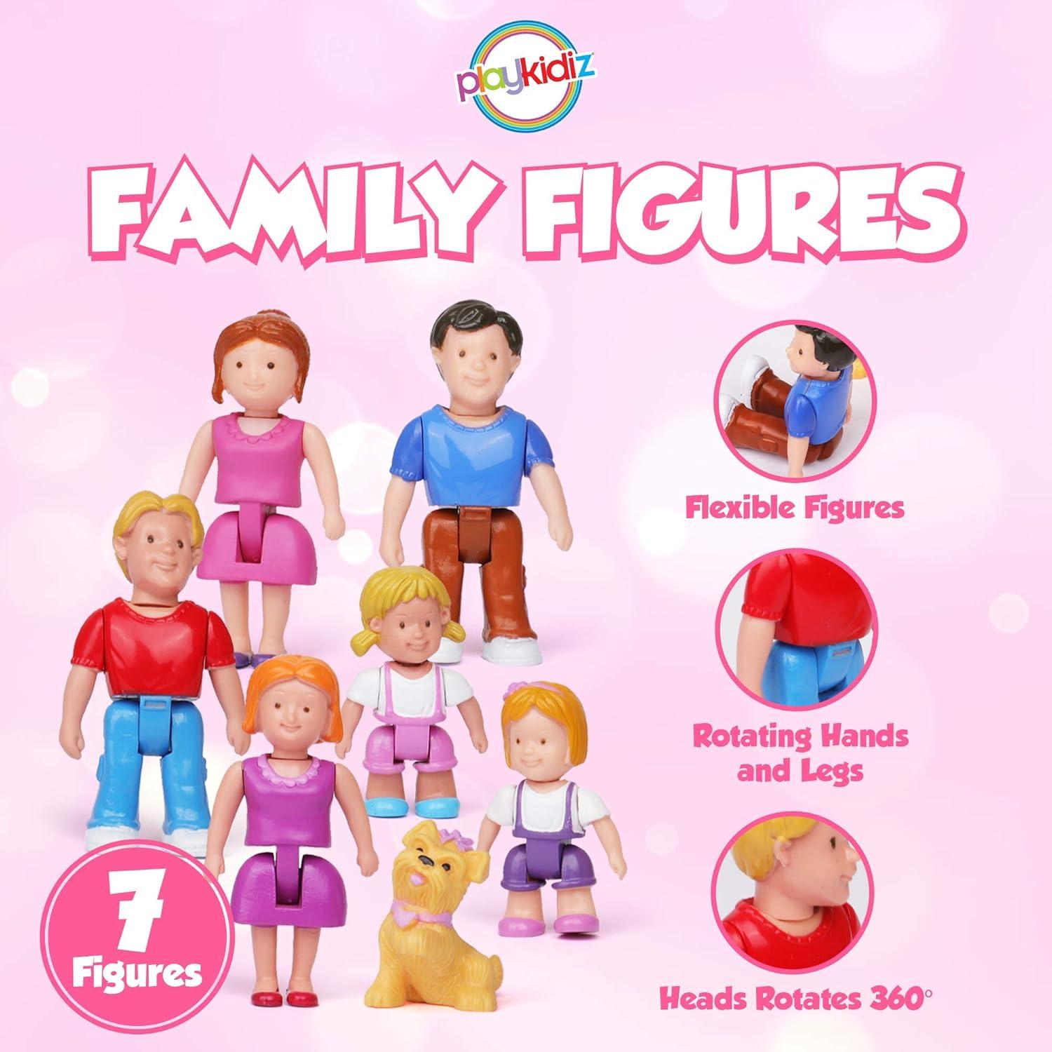 Playkidz Family Figures - Set of 7 Small Toy People, Dollhouse Accessories