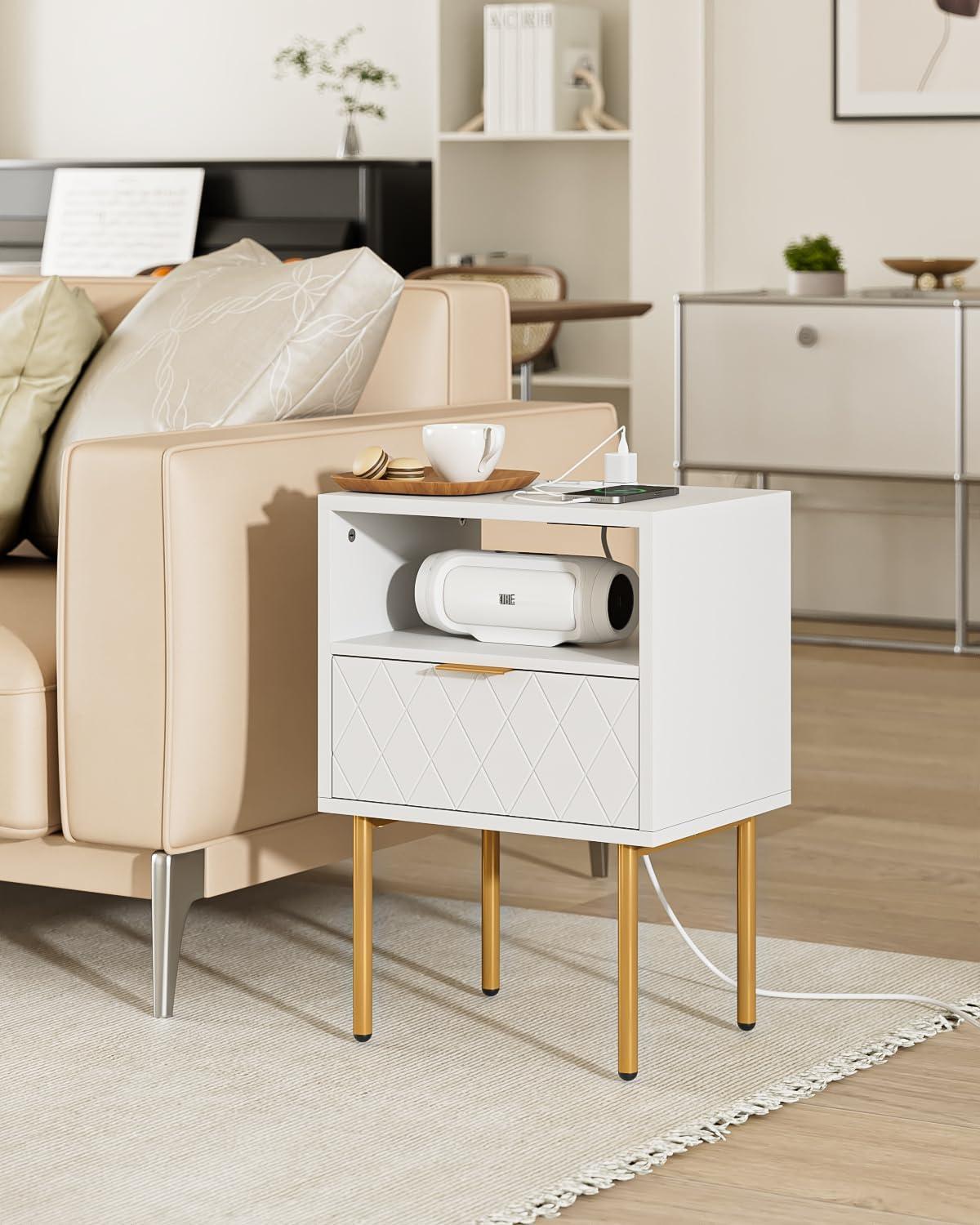 White and Gold Modern Nightstand with Drawer and Shelf