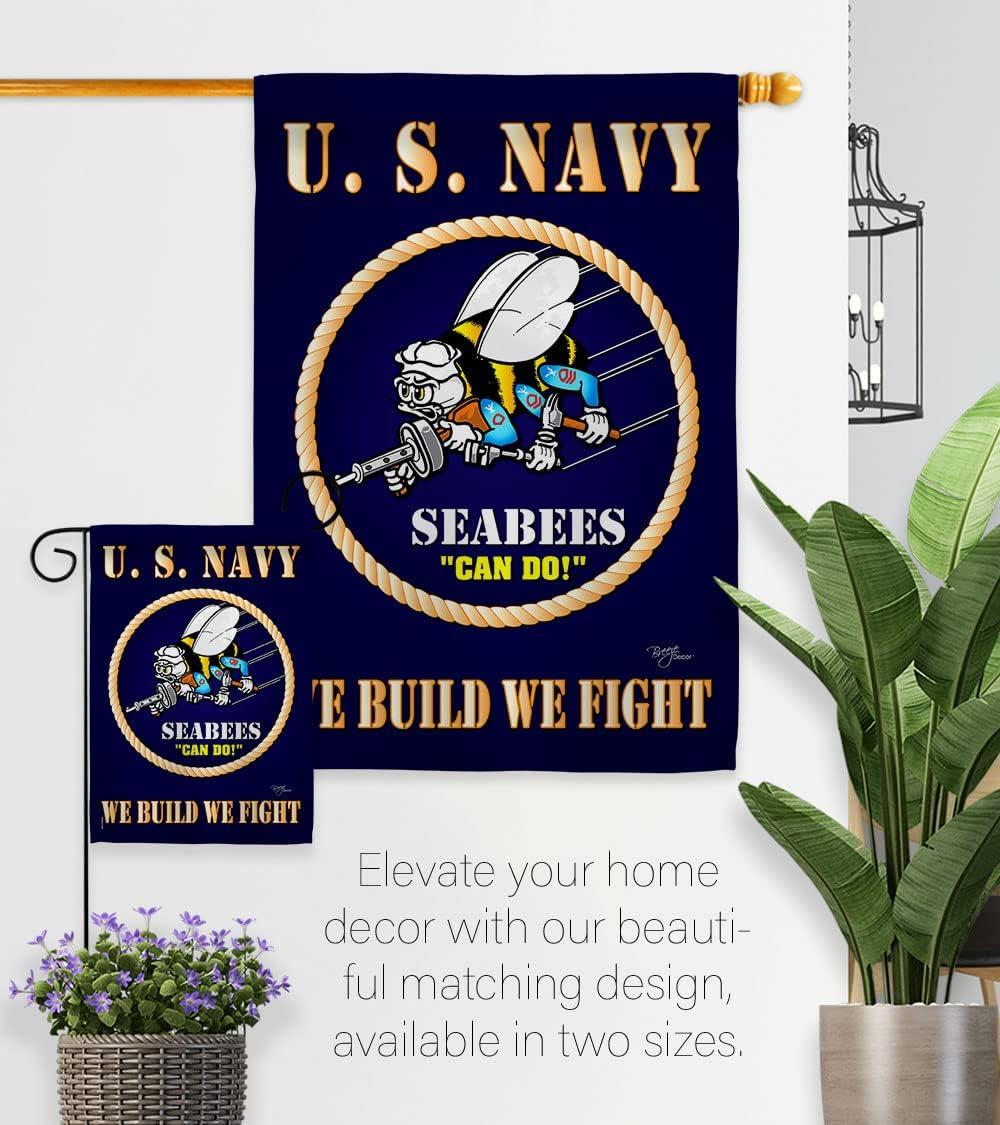 Breeze Decor Sea Bees House Flag - Armed Forces Navy USN Seabee United State American Military Veteran Retire Official - Decoration Banner Small Garden Yard Gift Double-Sided Made in USA 28 X 40