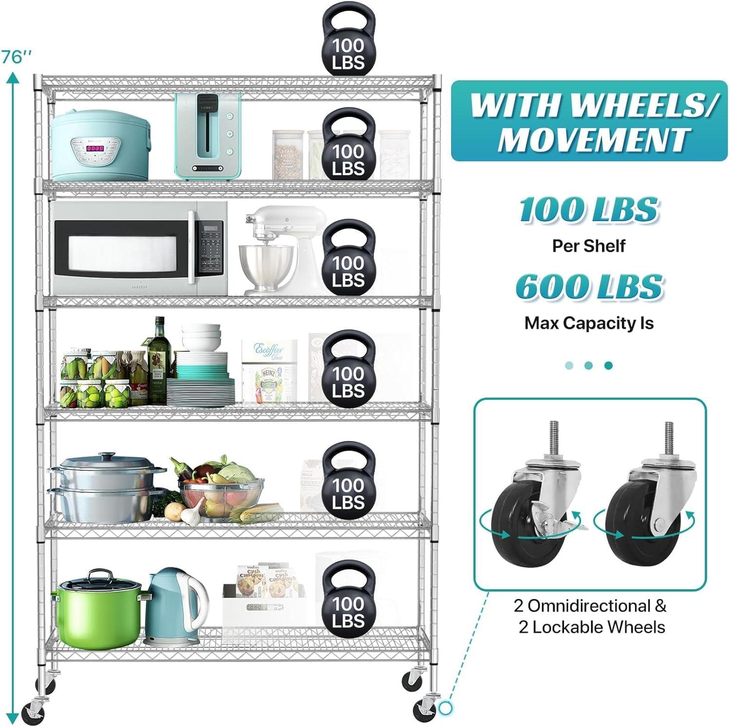 Chrome Heavy Duty Adjustable 6-Tier Metal Storage Rack with Wheels