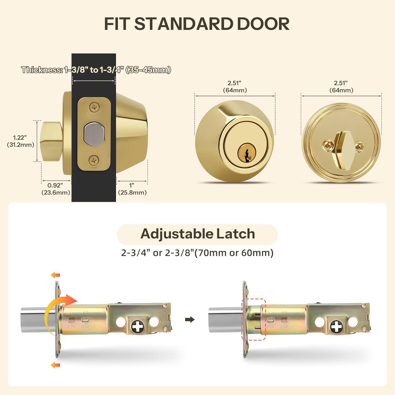 Design House 727438 Single Cylinder 6-Way Universal Deadbolt with Latch Polished Brass