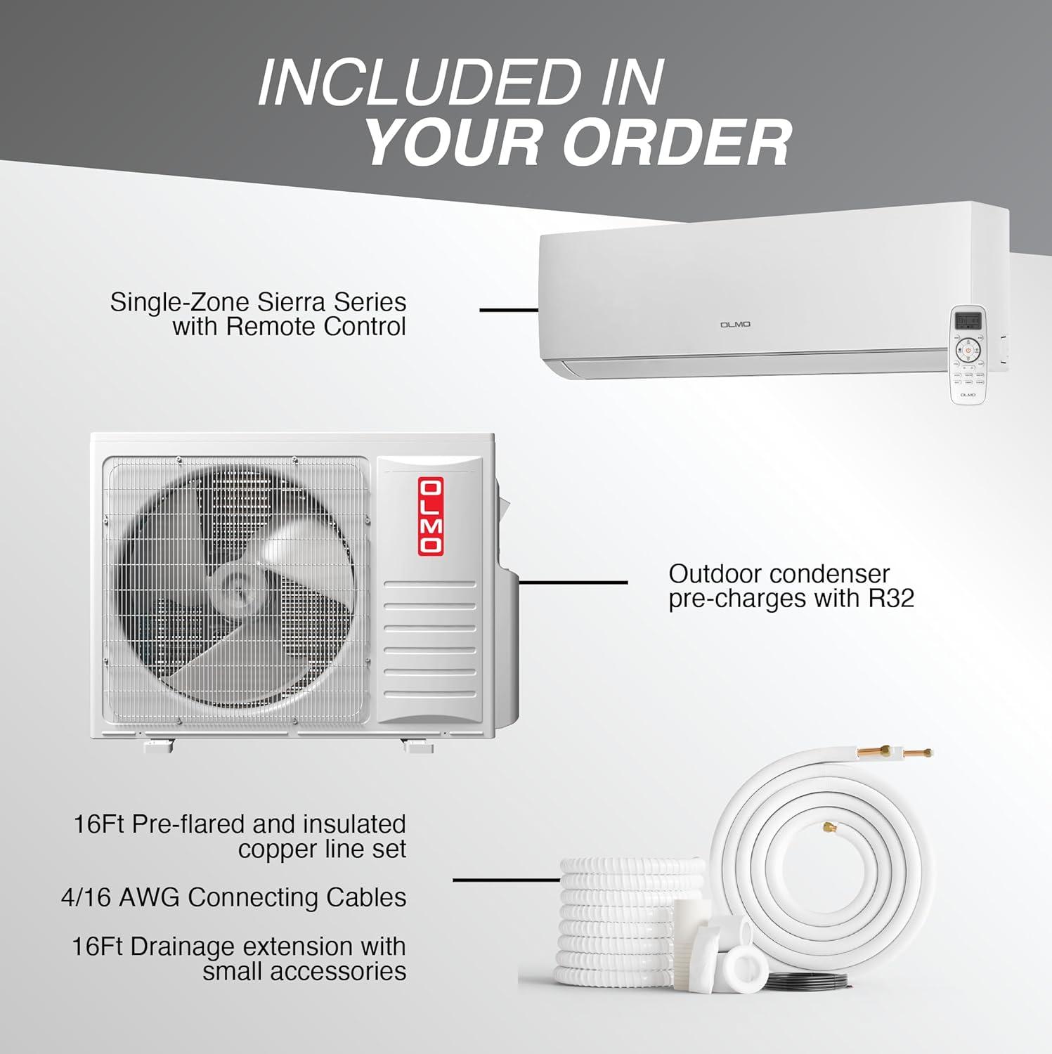OLMO Alpic 24000 BTU Ductless Mini Split Air Conditioner Heating and Cooling Full Set with 16ft Installation Kit